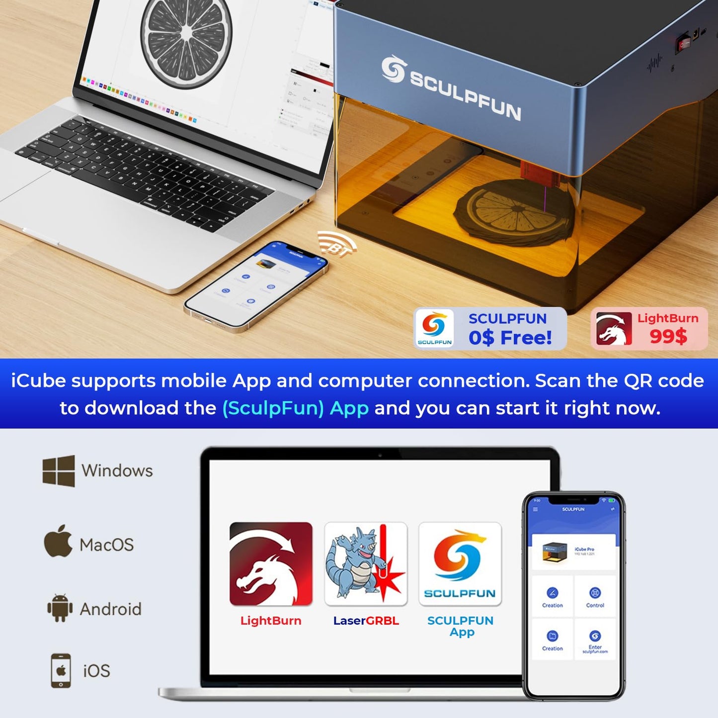 SCULPFUN iCube Pro Laser Engraver, 5000mW Desktop Laser Cutter with Smoke Filtration System, Laser Class 4, 125×125mm Engraving Area, No Assembly Required, 0.01mm Carving Precision