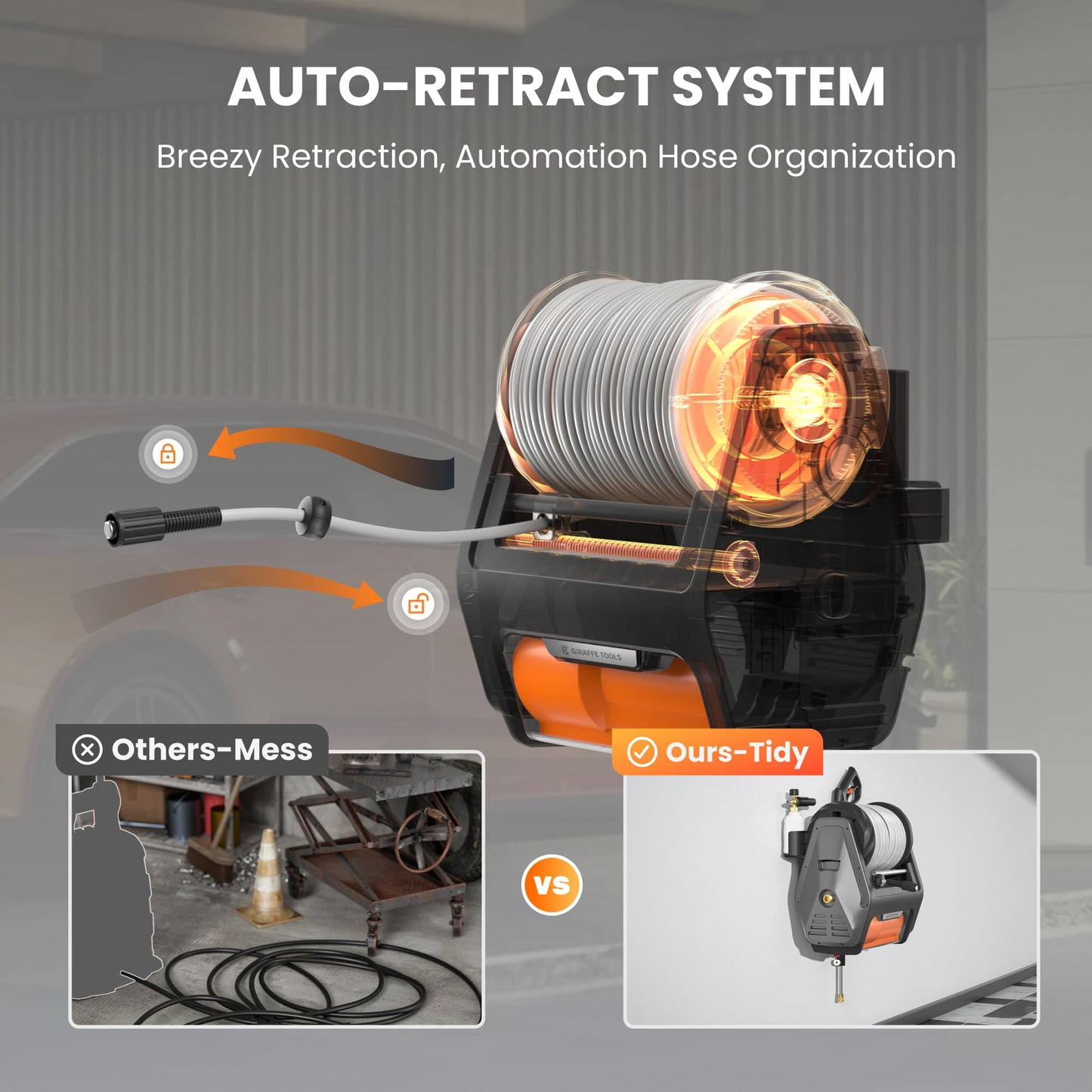 Giraffe Tools Grandfalls Pressure Washer Pro, Electric Wall Mount Power Washer with 100FT Retractable Pressure Hoses, 3700PSI, 1.6GPM, 4 Nozzles, Foam Cannon for Cars/Patios, Dark Silver