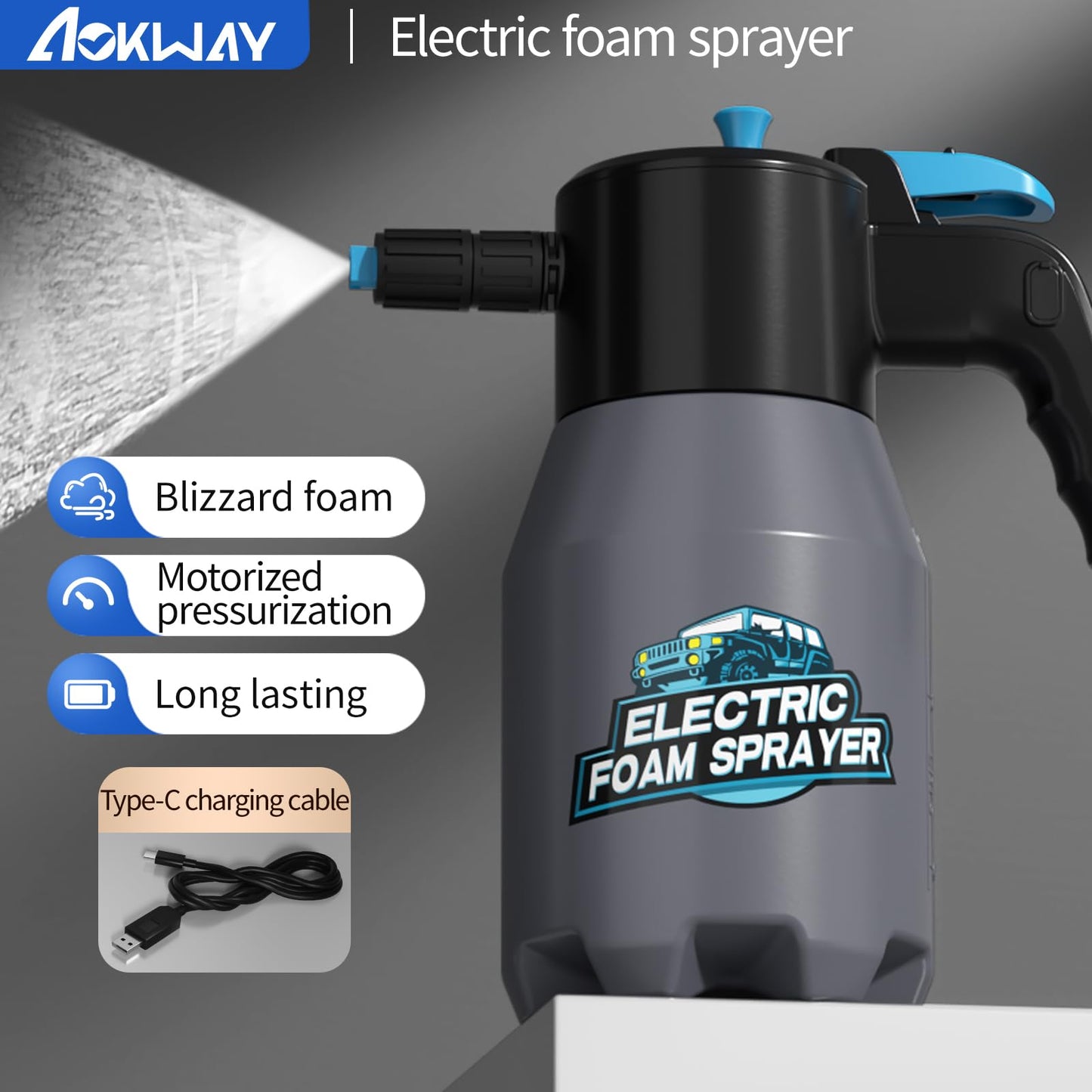 aokway Electric Foam Sprayer Car Wash, Pump Sprayer Battery Powered Rechargeable for Garden, Car Foam Sprayer for Cleaning Detailing Handheld Spray Foam Gun