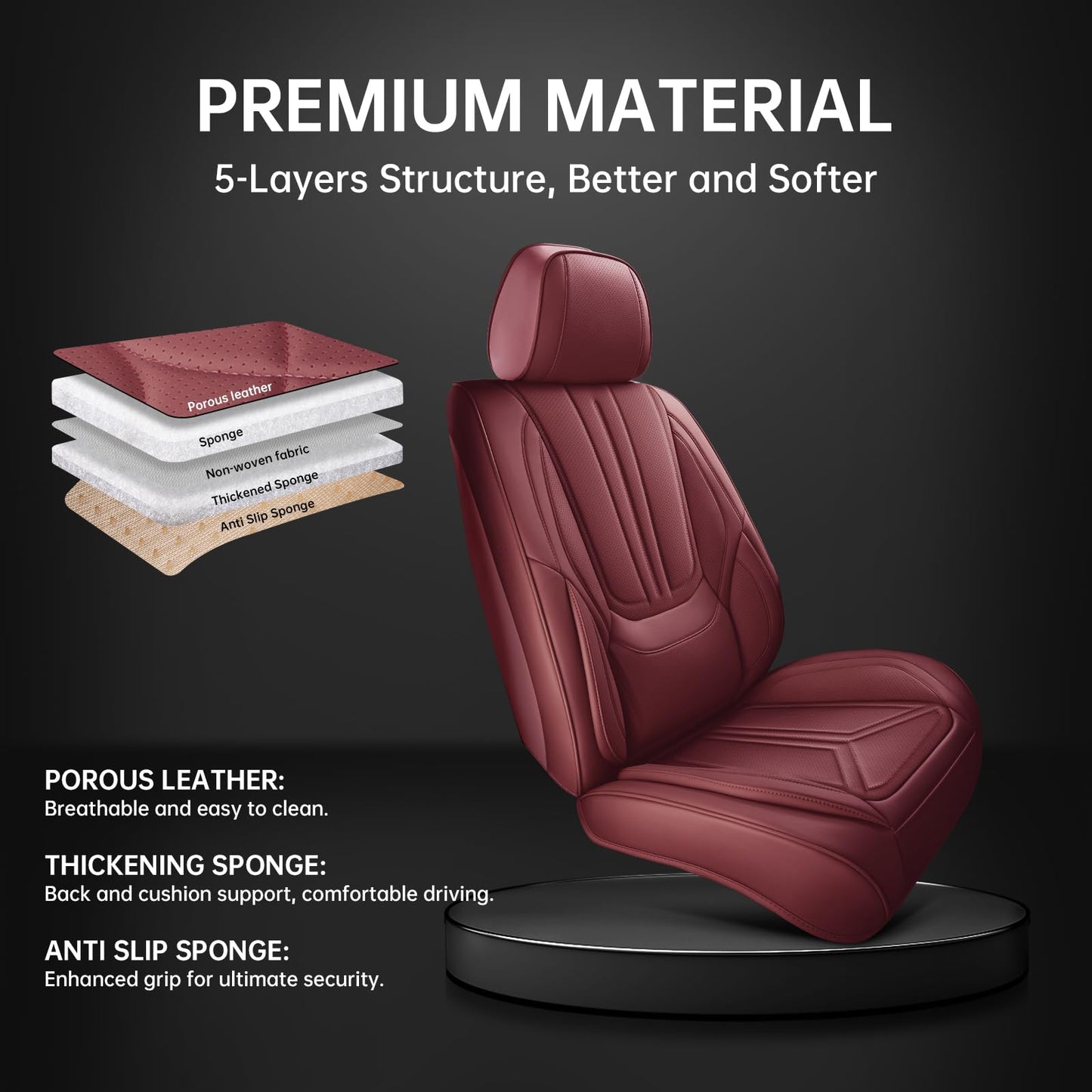 SCDOOCA Car Seat Covers Full Set Burgundy, Luxury Leather Car Seat Covers, Waterproof and Breathable Seat Covers, Universal Car Seat Protector Fit for Cars, Trucks, SUVs, Pick-ups (Wine Red, FullSet)