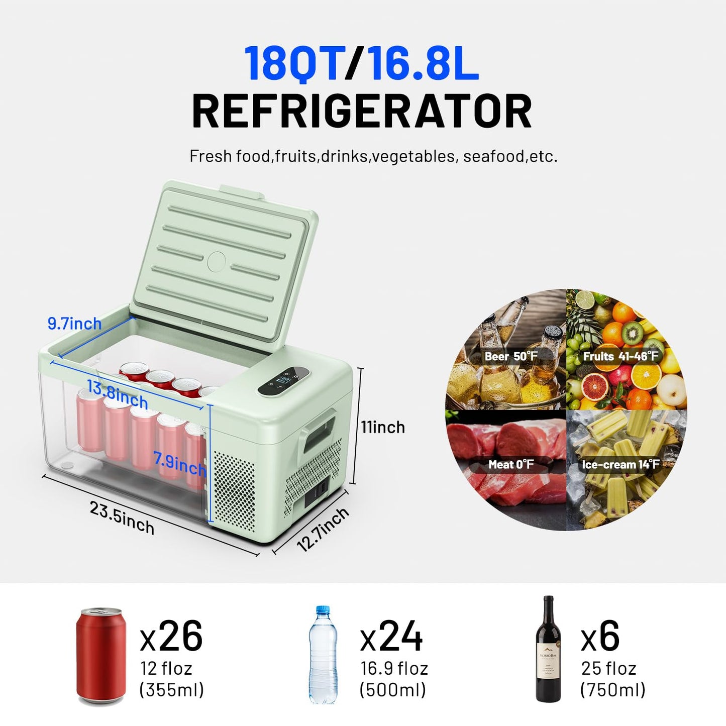 Alpicool S15 Portable Freezer, 12 Volt Refrigerator, 18 Quart (16.8 Liter) Fast Cooling 12V Car Fridge -4℉~68℉, Green Car Cooler, 12/24V DC and 100-240V AC for Outdoor, Camping, RV, Truck, Boat