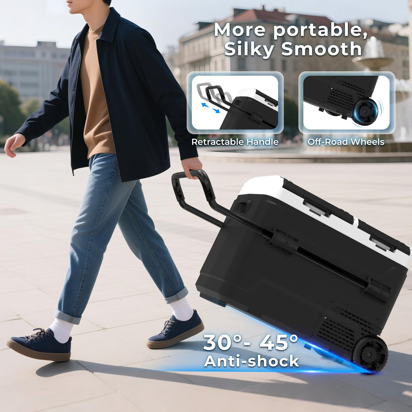 AS 12 Volt Refrigerator, 42QT(40L) Dual Temperature Zone Electric Cooler with Wheels, Portable Freezer 12V/24V DC 110-240V AC, -4℉-68℉ Car Fridge for Car, Marine, Home, Outdoor, etc