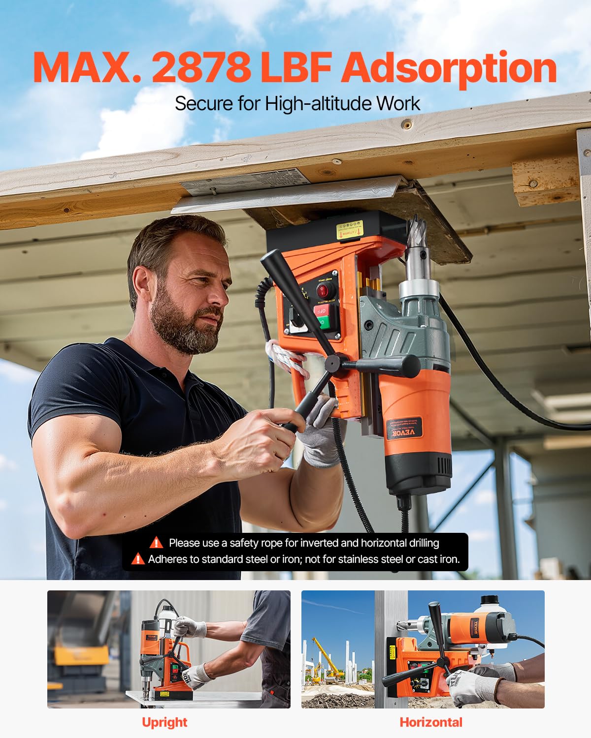 VEVOR Magnetic Drill, 1450W Motor 2 in Boring Diameter, 2878 lbf Portable Electric Mag Drill Press, with 6 Coring Bits, Variable Speed, Drilling Machine for Metal Surface, Home Improvement Industry