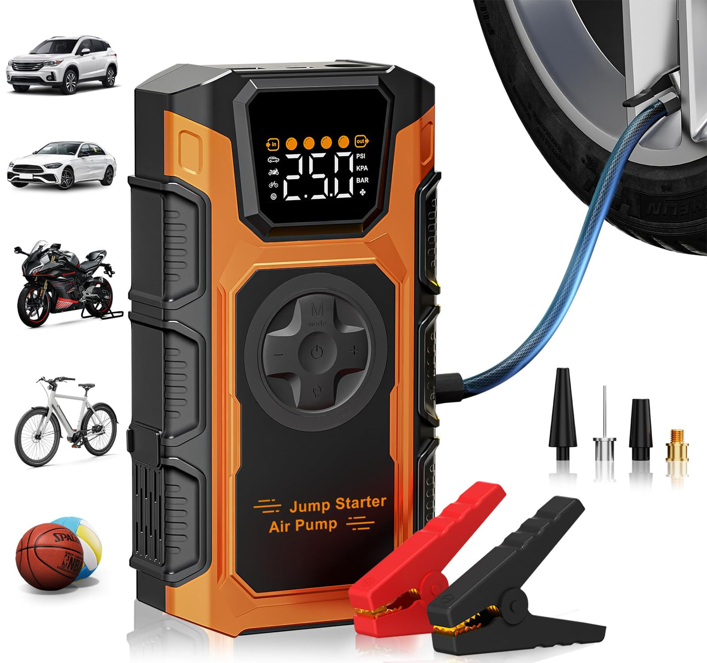 Tire Inflator Portable Air Compressor, 150 PSI Cordless Mini Air Pump for Car, Motorcycle, Bikes, Balls with Pressure Gauge&Auto Shutoff Function, 3500A Car Battery Jump Starter with LED Light