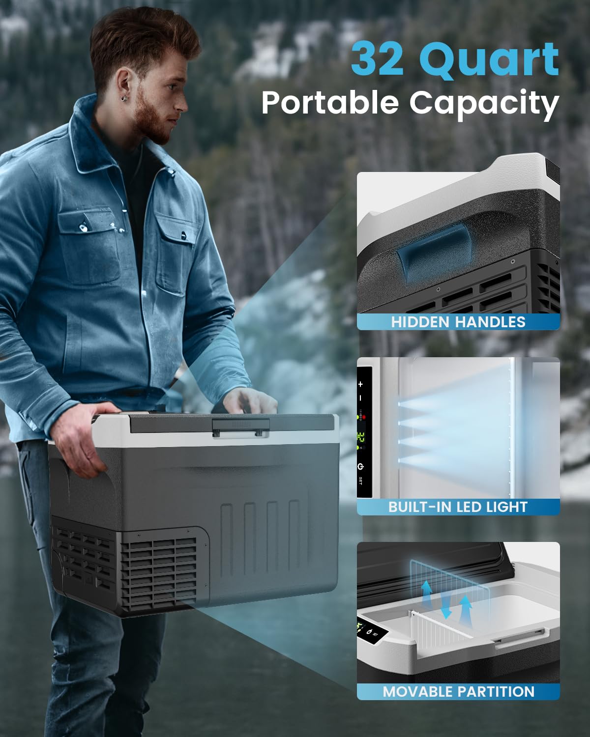 Feelfunn 12V Refrigerator - 32QT(30L) Electric Cooler 12/24V DC&110-240V AC, Fast Cooling Portable Freezer for Camping Travel Outdoor Truck RV SUV, Car Fridge -4~68°F