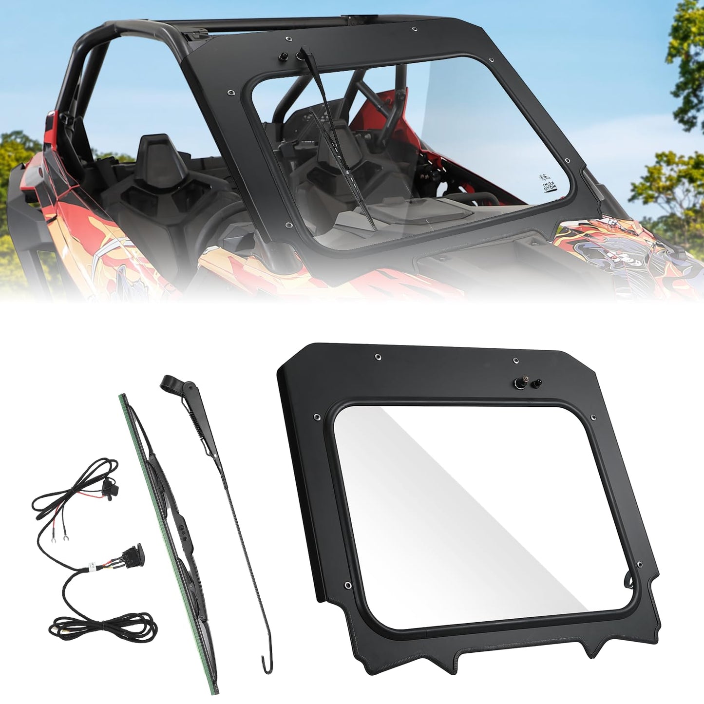 KEMIMOTO PRO XP Electric Wiper Windshield Travel on Rainy Day Compatible with Polaris RZR PRO XP/RZR Turbo R 2020-2024, Scratch Resistant Heavy Duty Front Full Glass Window Automatic Mode