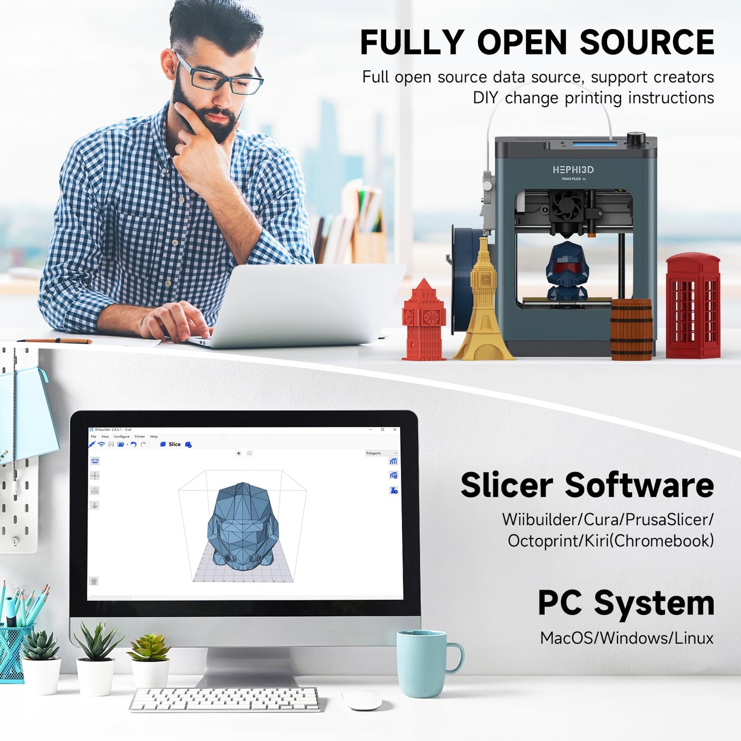 TINA2Plus 3D Printer, HEPHI3D 250mm/s High Speed FDM 3D Printers Fully Open Source, Auto Leveling Mini 3D Printer with WiFi Cloud Print, Fully Assembly 3D Printers for Beginners, Office, Home, School