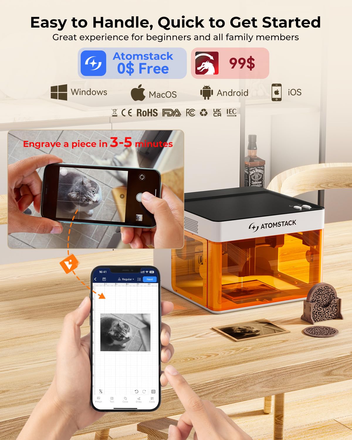 ATOMSTACK P1 5W Laser Engraver, Laser Cutter, Unibody Laser Engraving Machine, 10000 mm/min, 5000mW Diode for Beginners DIY, Wood, Leather, Acrylic, Metal, Portable, Single Laser, Class 1 Safe