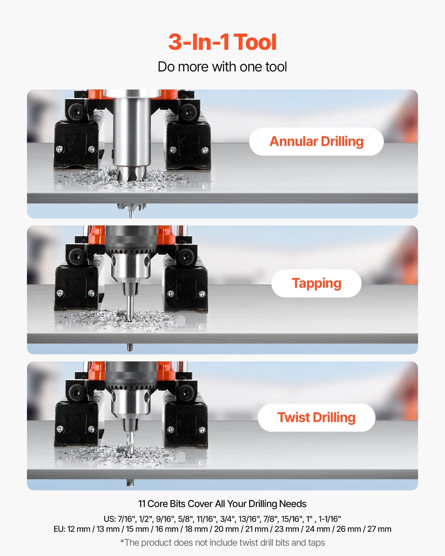 VEVOR Magnetic Drill Press, 1400 W, 2 inch Boring Diameter, 0-750 RPM Speed, Reversible Direction, Mag Drill Press with 11 Core Bits, Electric Drilling Machine for Industrial and Home Improvement
