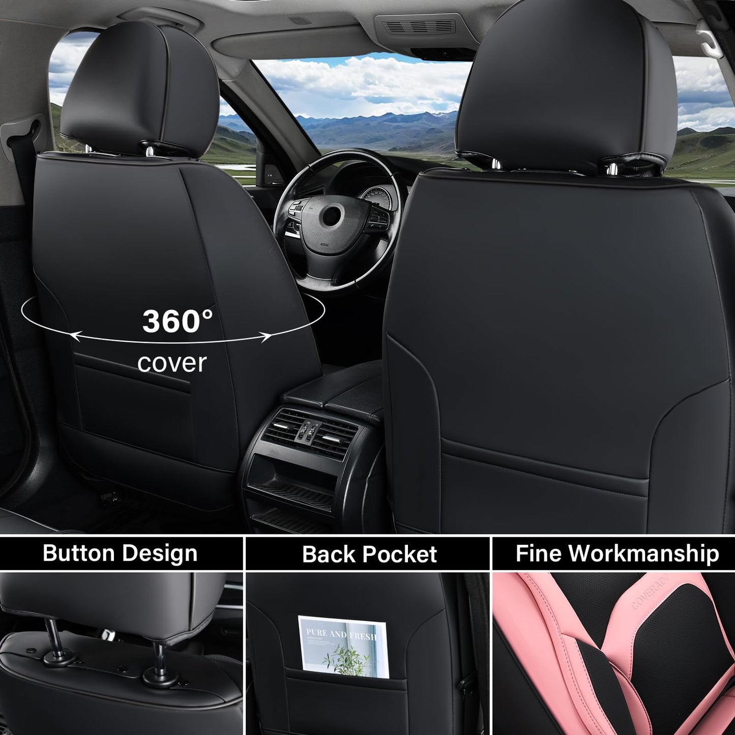 Coverado Car Seat Covers Full Set, Waterproof Nappa Leather Seat Covers for Car, Car Seat Protector with Lumbar Support, Automotive Seat Covers Universal Fit for Most Cars SUV Trucks, (Black&Pink)