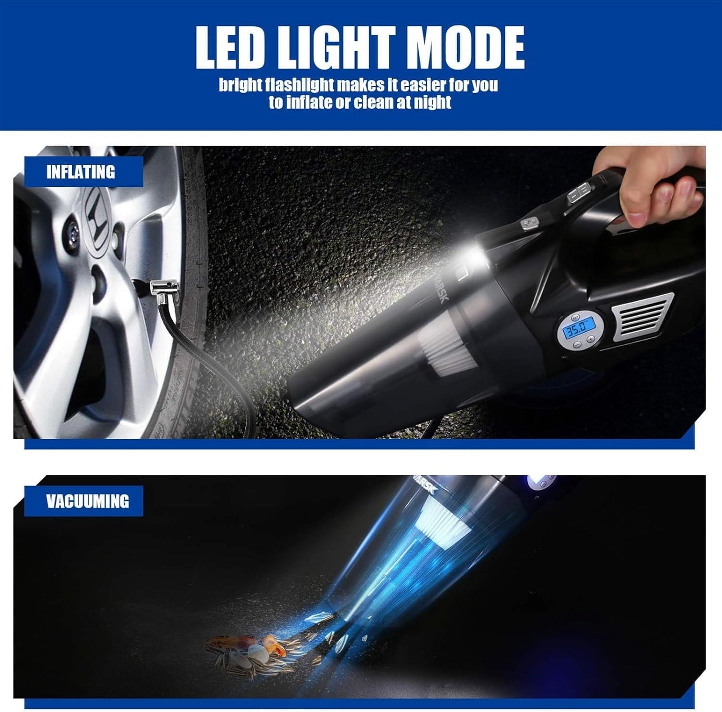 VARSK 4-in-1 Car Vacuum Cleaner High Power, Tire Inflator Portable Car Vacuum with Digital Tire Pressure Gauge LCD Display and LED Light, 12V DC, 15FT Cord, Essential Accessories for Men Women