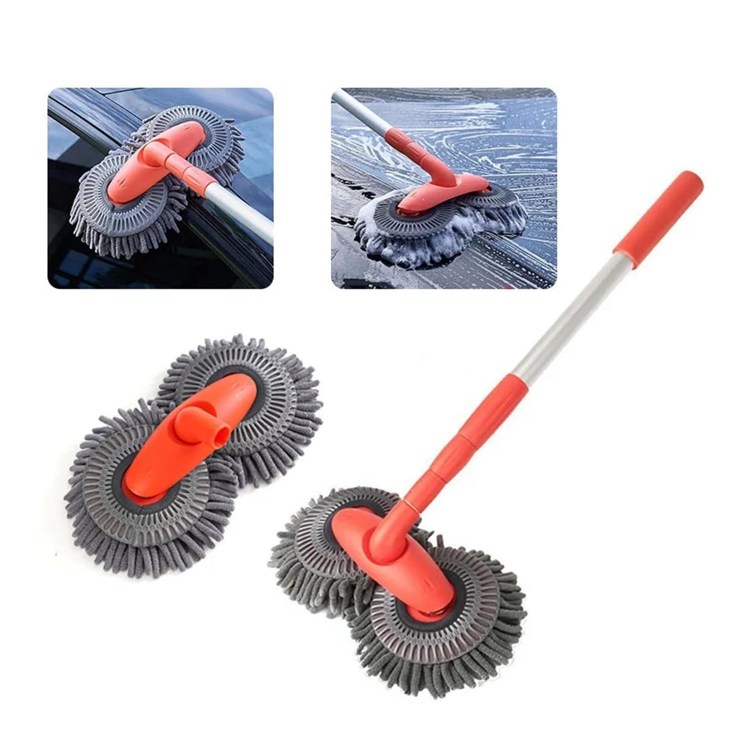 ARTYNSH Car Washer Mop Foam Wash Brush Double Brush Head Roof Window Cleaning Maintenance Three-Section Telescopic Mop Car Accessories(1 Mop and 1 Mop Head)