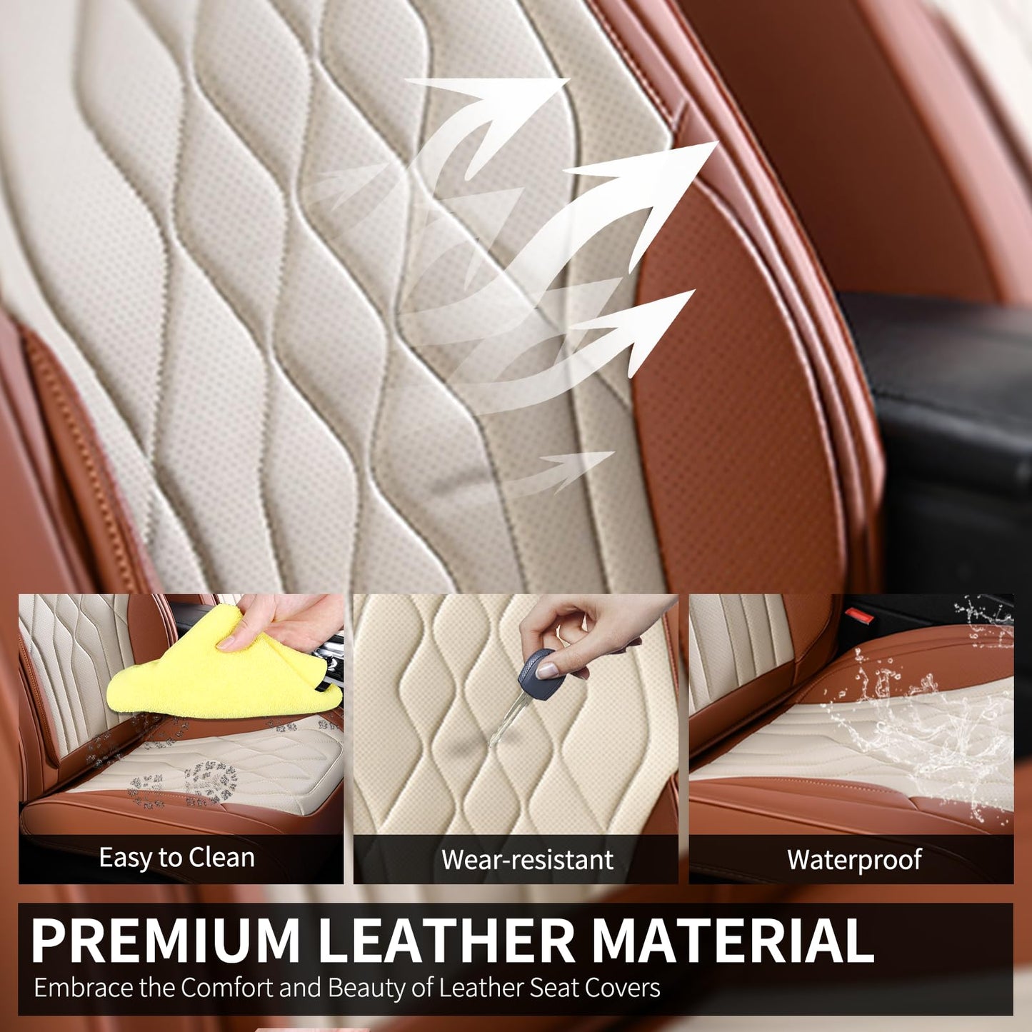 FLORICH Leather Car Seat Cover 5 Pieces, Full Set Car Seat Covers, Automotive Seat Covers Protector Fit for Most Sedans SUV Pick-up Truck - Brown&Beige
