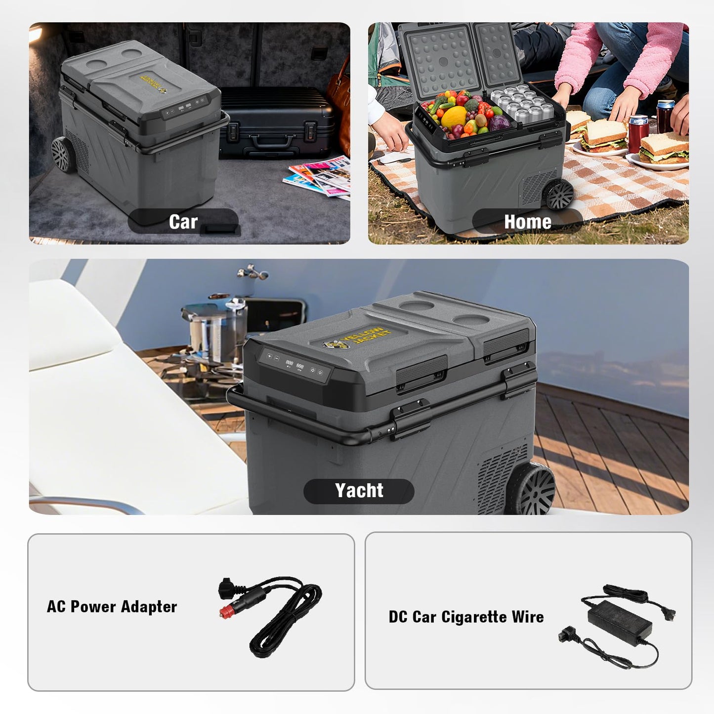 YELLOW JACKET 12v Car Refrigerator, 52-Quart Portable Freezer Electric Cooler with Wheels, 12V Car Fridge for Outdoor Camping Travel,12/24V DC 110~240 Volt AC Refrigerator for Home,RV, Offic