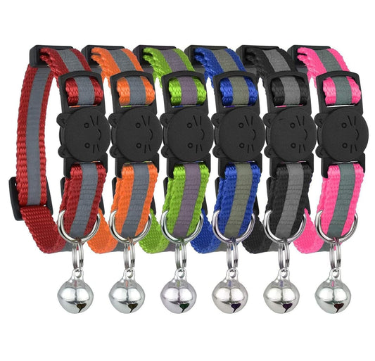 Reflective Cat Collar with Bell, Set of 6, Solid & Safe Collars for Cats, Nylon, Mixed Colors, Pet Collar, Breakaway Cat Collar Charms