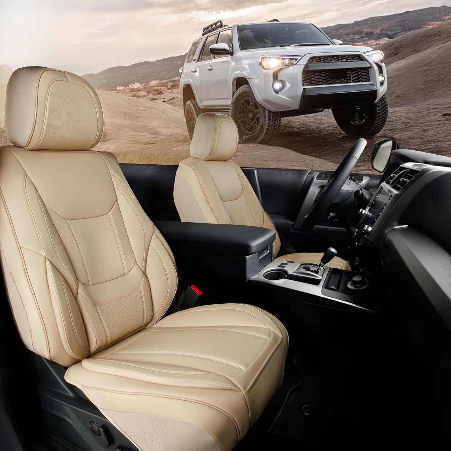 Coverland Custom Car Seat Covers Compatible with Grand Cherokee, Sorento, 4Runner - Premium Leather Non-Slip Memory Foam Waterproof Interior Protector Front Seat-Beige [See Size Chart-Size A16]