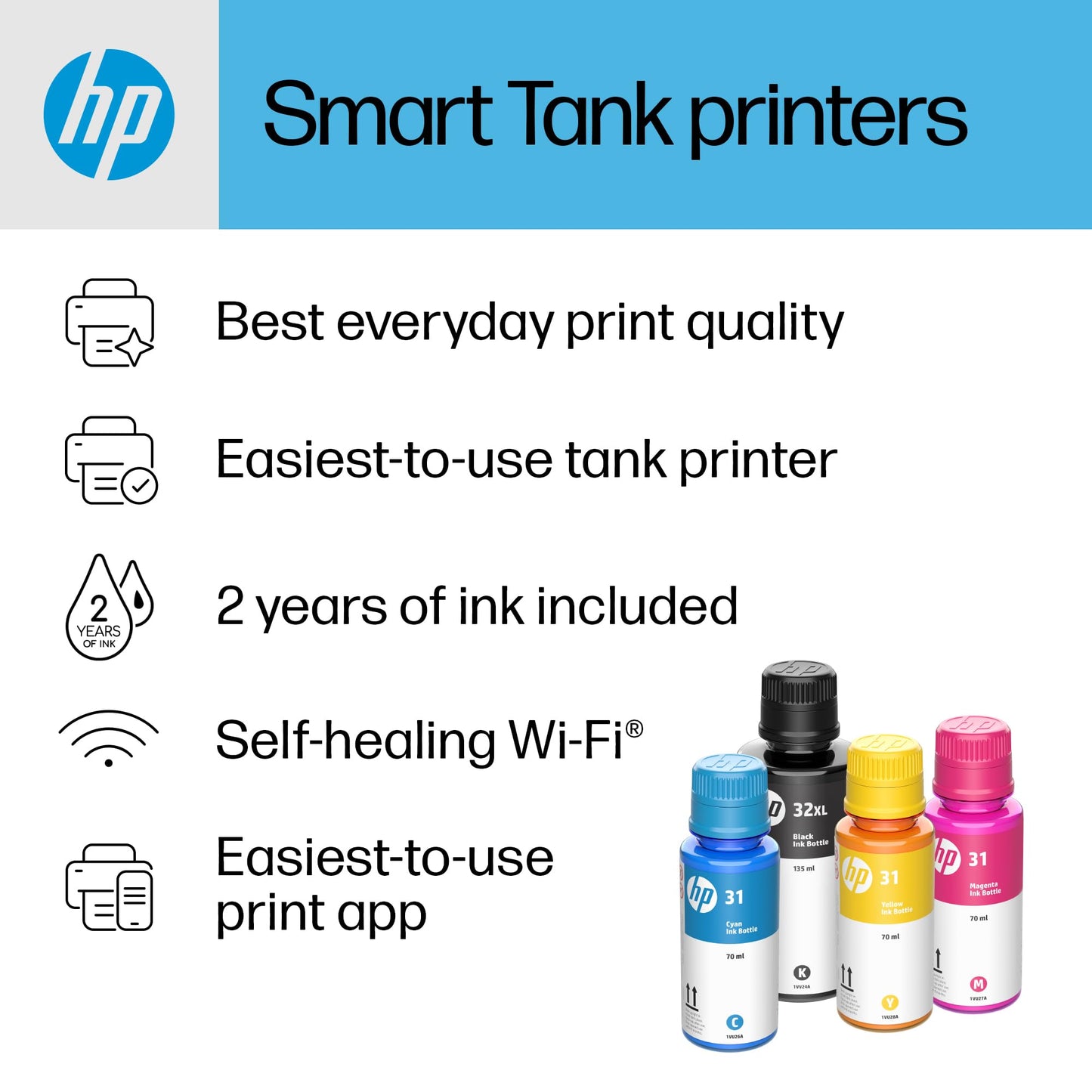 HP Smart -Tank Plus 651 Wireless All-in-One Ink -Tank Printer, up to 2 Years of Ink in Bottles, Auto Document Feeder, Mobile Print, Scan, Copy,, Fax, Works with Alexa (7XV38A)