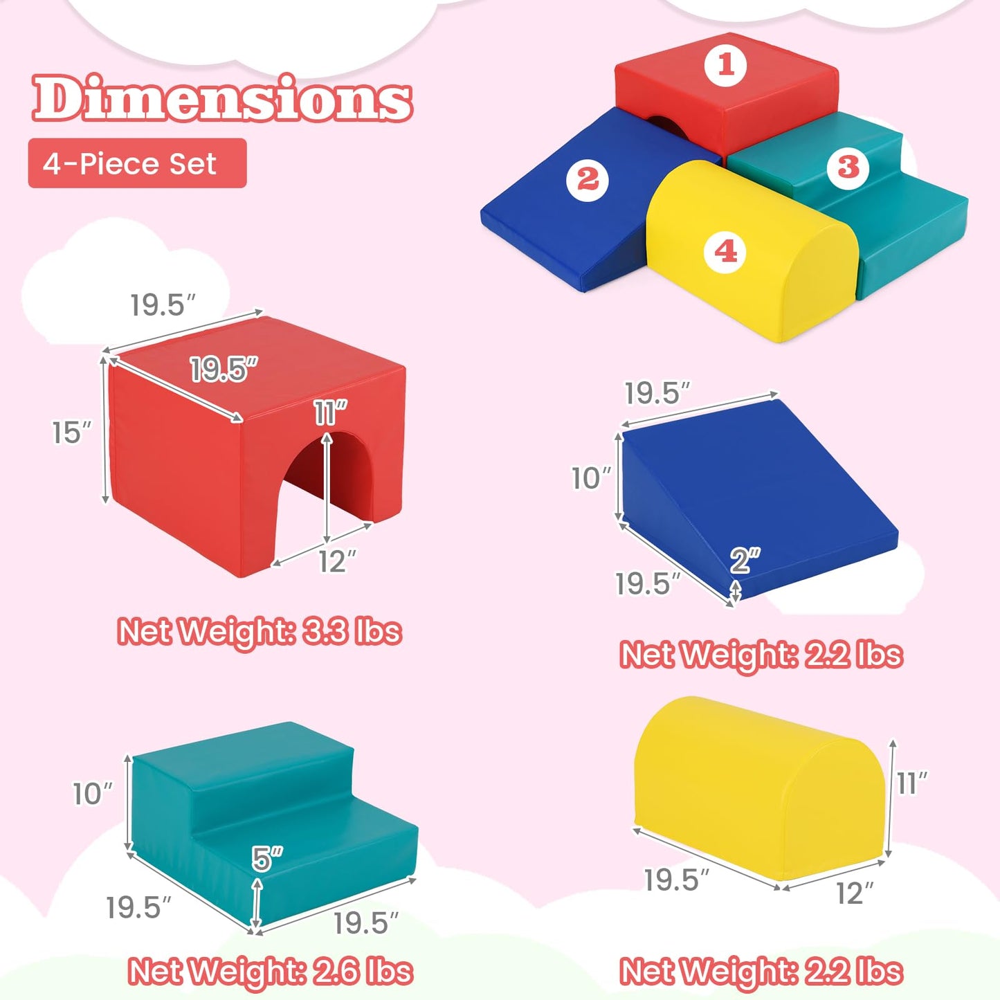 Costzon Climbing Toys for Toddlers, 4 PCS Single-Tunnel Foam Climber for Climbing, Crawling and Sliding, Lightweight Soft Play Blocks for Preschool Baby Boys Girls (Blue&Yellow&Red&Green)