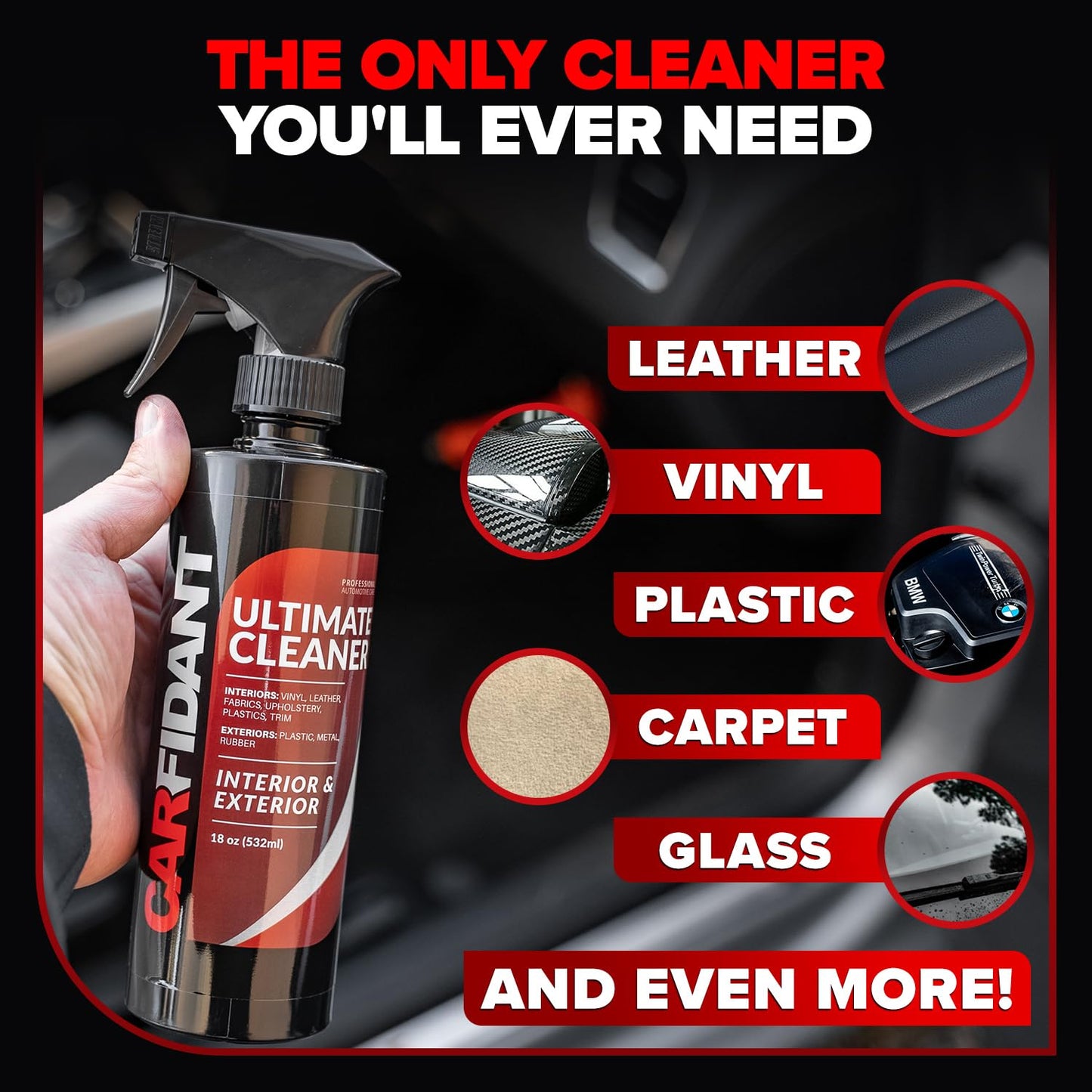 Carfidant Interior Car Cleaner - Removes Stains & Deep Cleans Car Seats, Leather, Fabric, Upholstery, Plastic, Dashboard & More - Car Cleaning Kit & Interior Detailer Spray - 18oz
