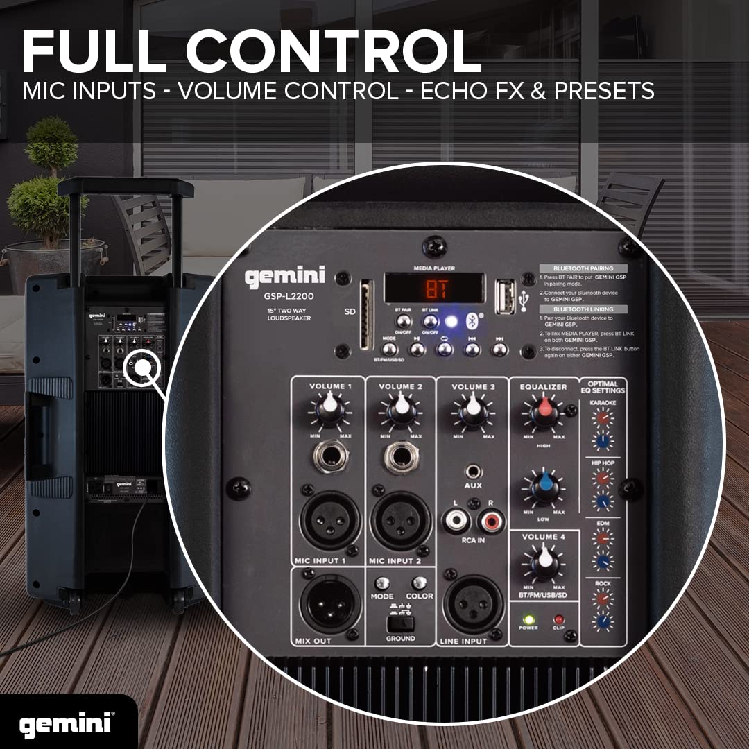 Gemini 15” 2200W Bluetooth PA Speaker System – DJ Loudspeaker with Stand, Wired Mic, LED Lights, TWS Stereo Pairing, 3-Channel Mixer, EQ Control – AC Powered (GSP-L2200PK)