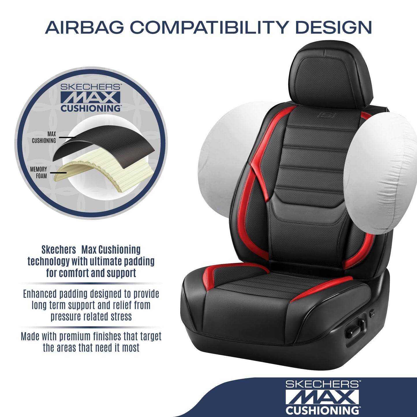 Skechers Seat Covers,Memory Foam Leather Car Seat Covers,Waterproof Car Seat Protector Full Sets,Car Seat Cushion Airbag Automotive Universal Fit for Most Cars,Vans,Trucks,SUV,Red