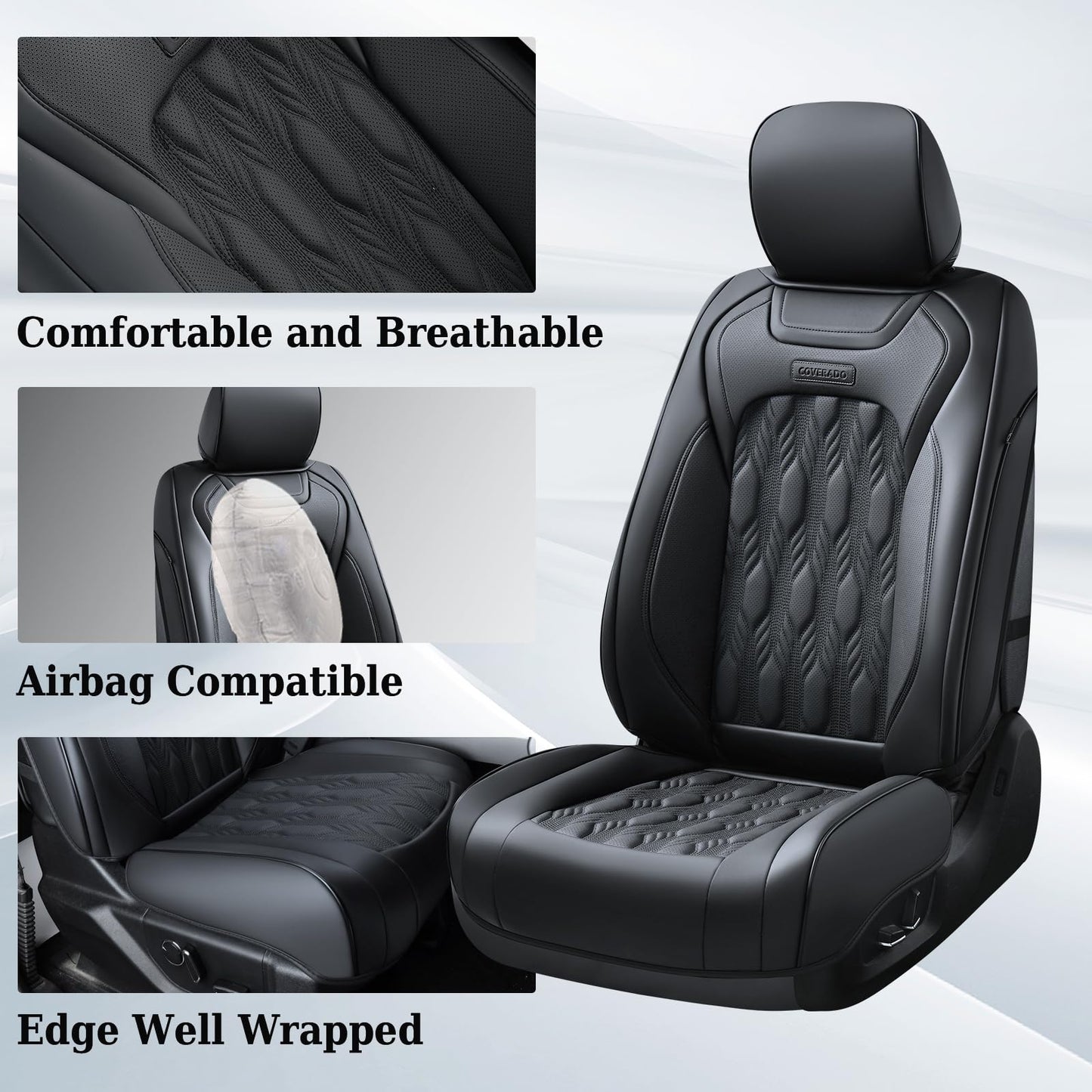 Coverado Car Seat Covers Full Set, Leather Ford F150 Seat Covers Fit for 2015-2025 F150 and 2017-2025 F250 F350 F450 Super Duty Crew Cab XL XLT Lariat King Ranch Platinum (Black)