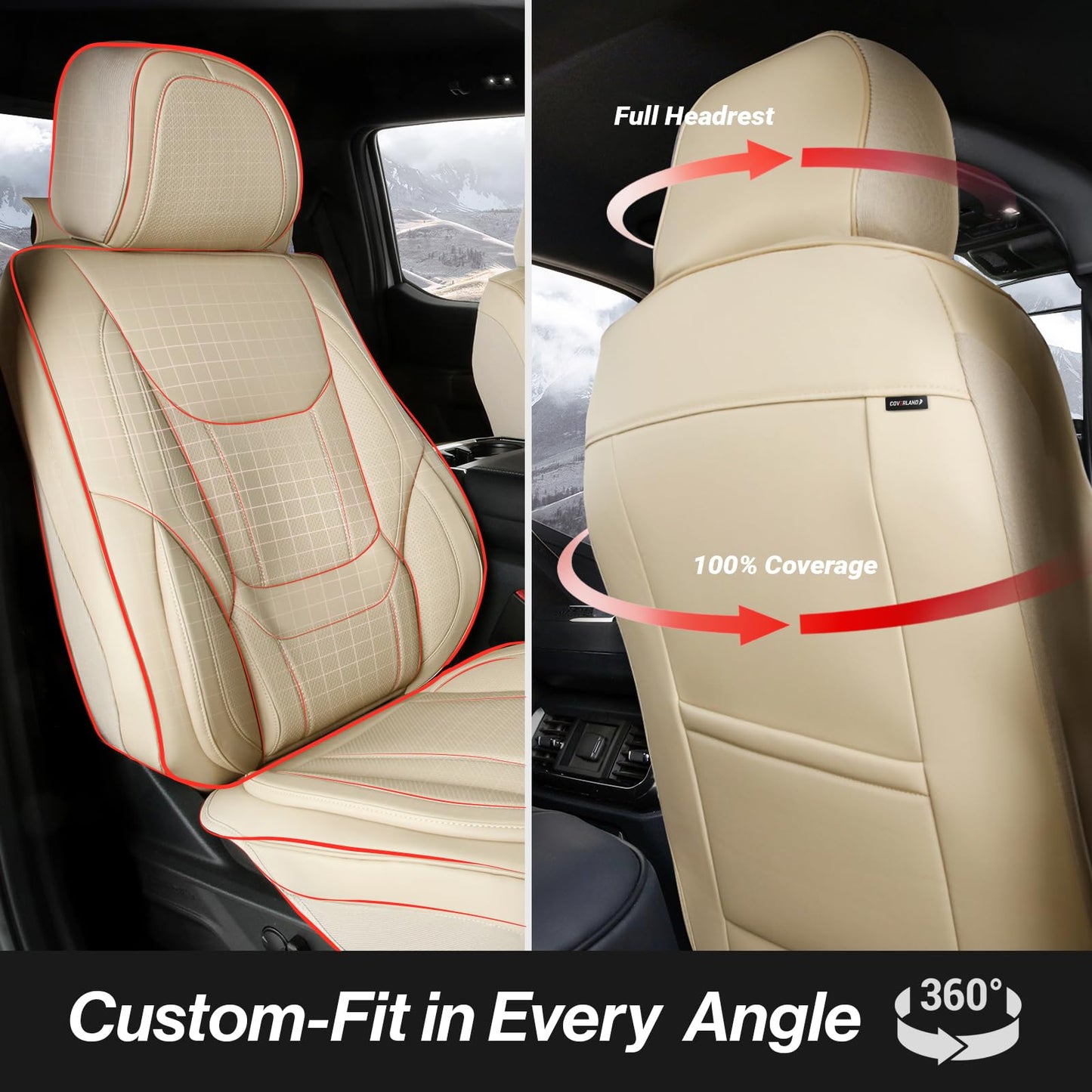 Coverland Custom Car Seat Covers Compatible with Grand Cherokee, Sorento, 4Runner - Premium Leather Non-Slip Memory Foam Waterproof Interior Protector Front Seat-Beige [See Size Chart-Size A16]