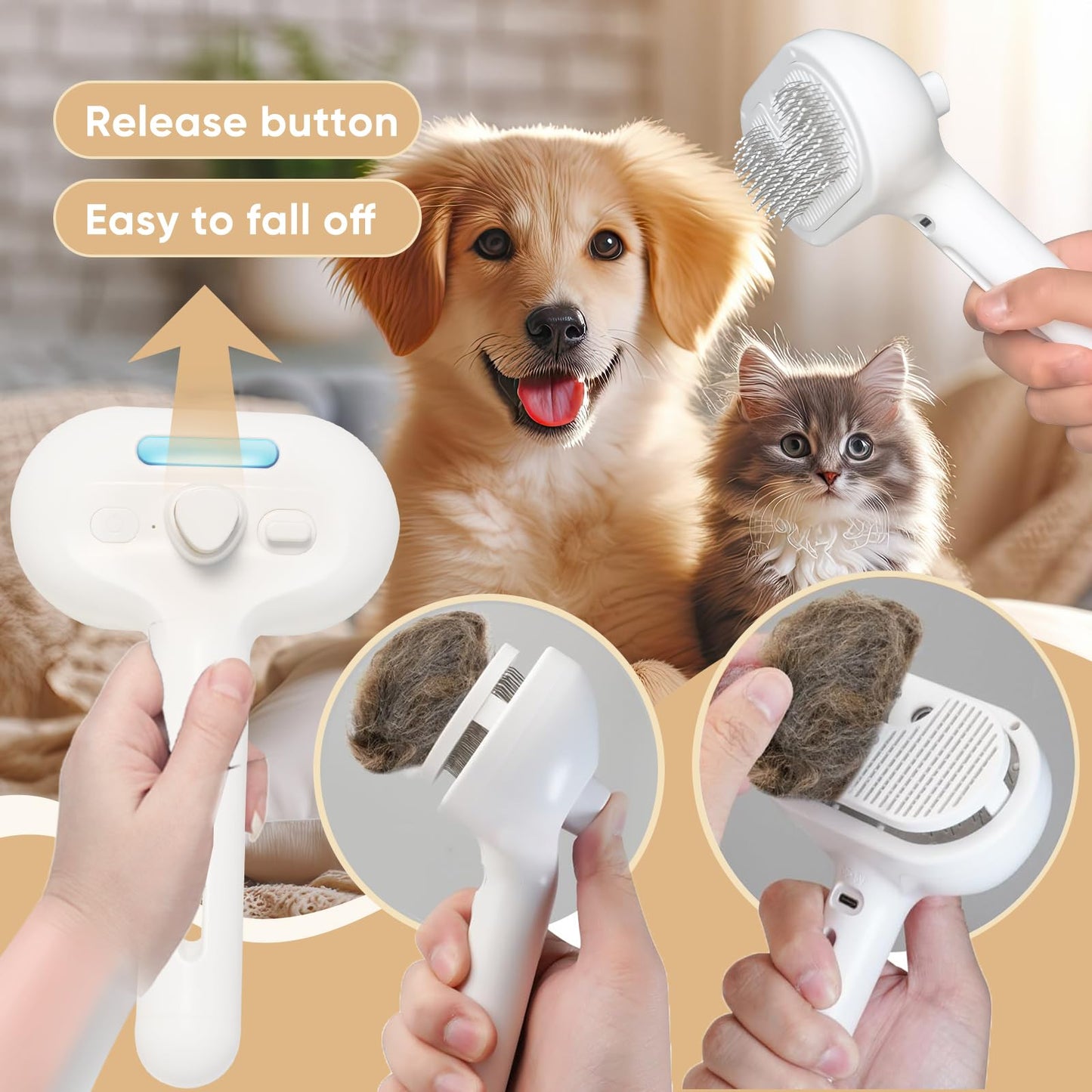 3-in-1 Cat Steam Brush – Pet Grooming & Shedding Comb with Gentle Steam Spray, One-Click Hair Release, for Long & Short Hair Cats & Dogs (White)