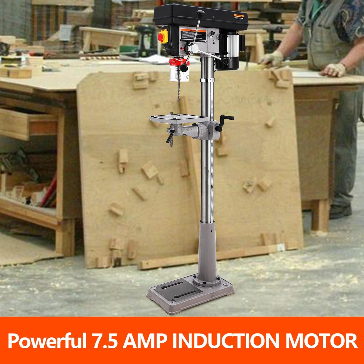 GarveeTech 13 In Floor Drill Press, 7.5 Amp 120V Pure Copper Motor, 288-3084 Rpm Variable Speed Cast Iron Bench Drill Press, 0-45° Tilting Worktable, Tabletop Drilling Machine for Wood Metal