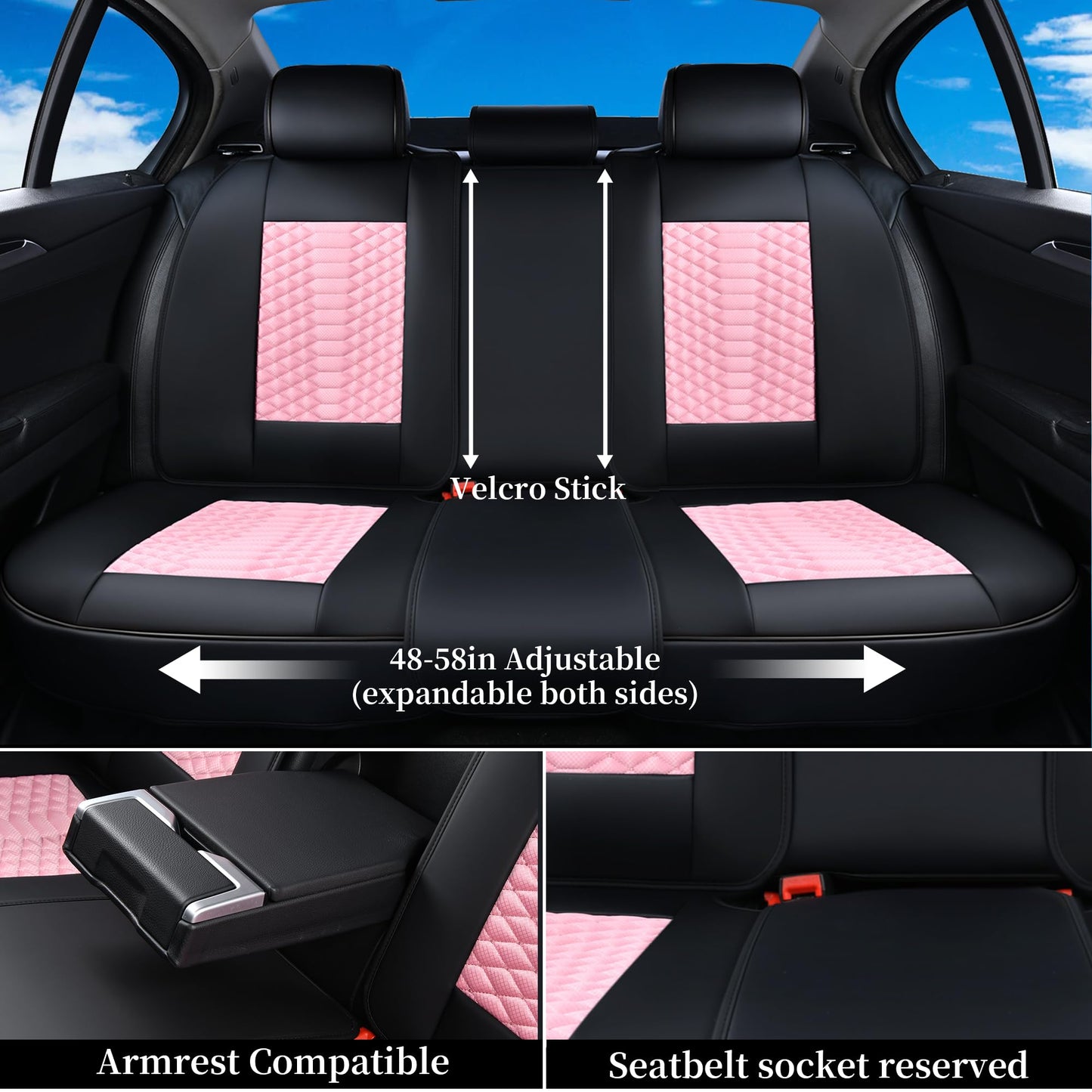 Coverado Car Seat Covers Full Set, 5 Seats Universal Seat Covers for Cars, Breathable Fabric& Faux Leather Auto Seat Cushions, Front and Rear Seat Protectors Fit for Most Sedans SUV Truck, Pink