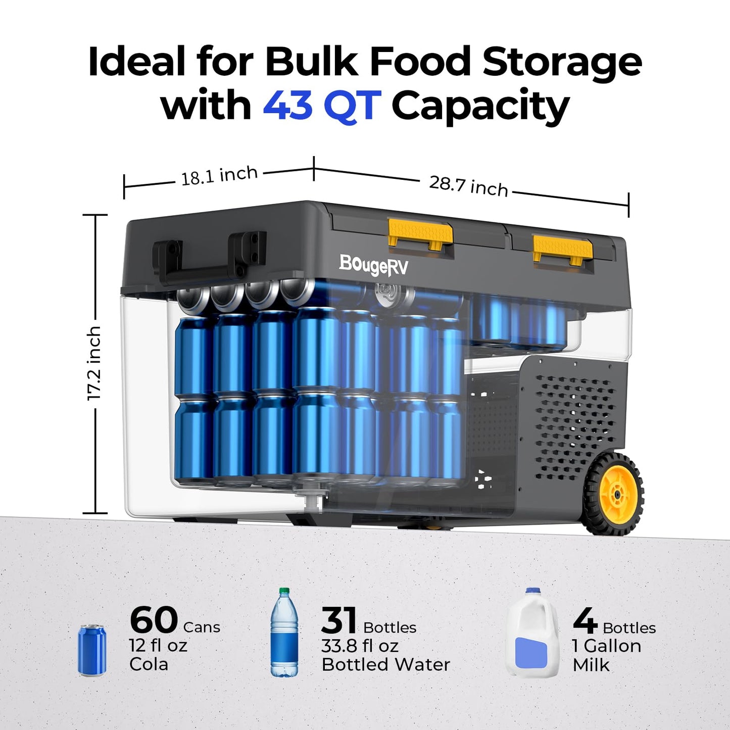 BougeRV 12 Volt Car Refrigerator, CRD2 43 Quart Portable Fridge Freezer with APP Control, -4℉ to 68℉ Dual Zone Compressor Electric Cooler 12/24V DC, 110~240V AC for Overlanding, Camping, RV, Truck