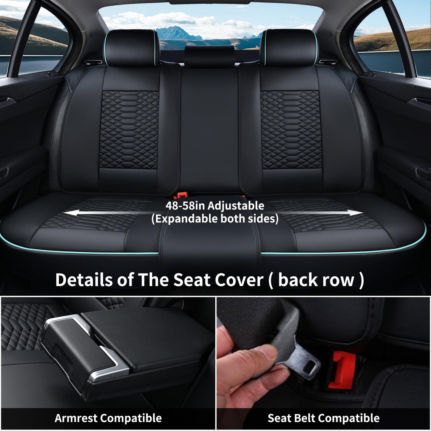 Coverado Leather Seat Covers, Car Seat Covers Full Set, Nappa Leather Seat Covers for Cars, Car Seat Protector Waterproof, Black Car Seat Cover, Universal Seat Cover Fit for Most Cars(Black&Blue)