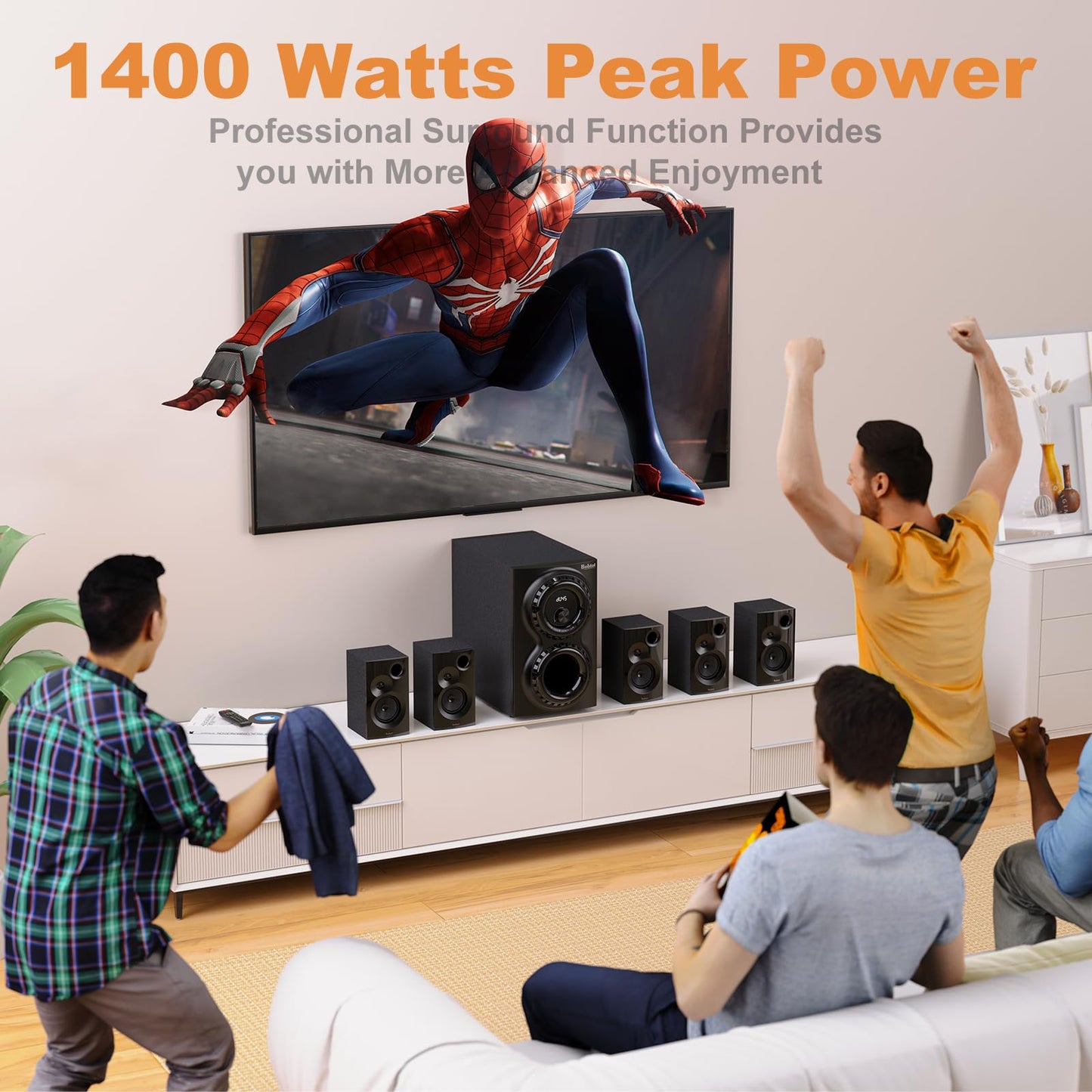 Home Theater Sound System 5.1 Surround Sound Systems - 1400 Watts Peak Power 12" Subwoofer Strong Bass 5.1 Wired Home Audio Stereo Sound with Bluetooth HDMI ARC Optical Input for TV