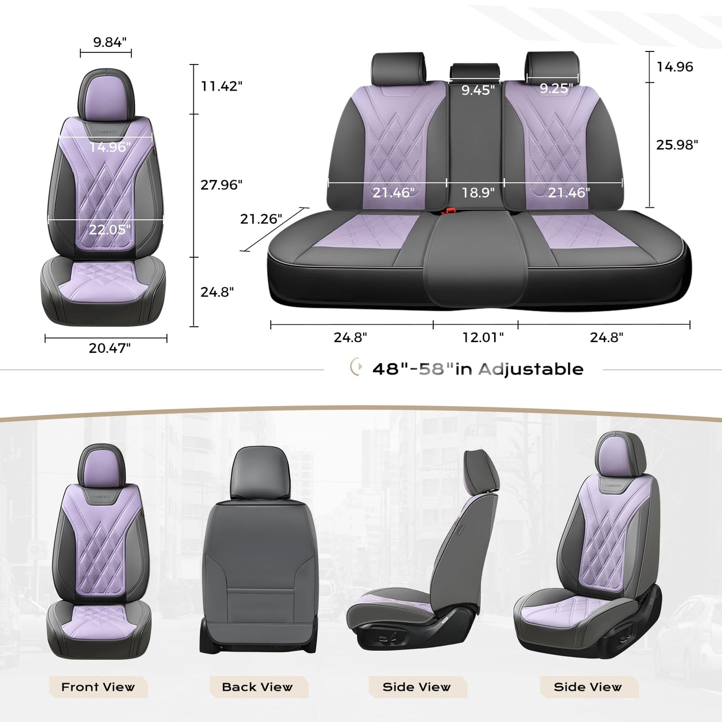 Coverado Car Seat Covers Full Set, Seat Covers for Cars, Waterproof Leather Automotive Seat Cover, Universal Car Interior Protectors Cushion for Most Cars Gray_Pruple