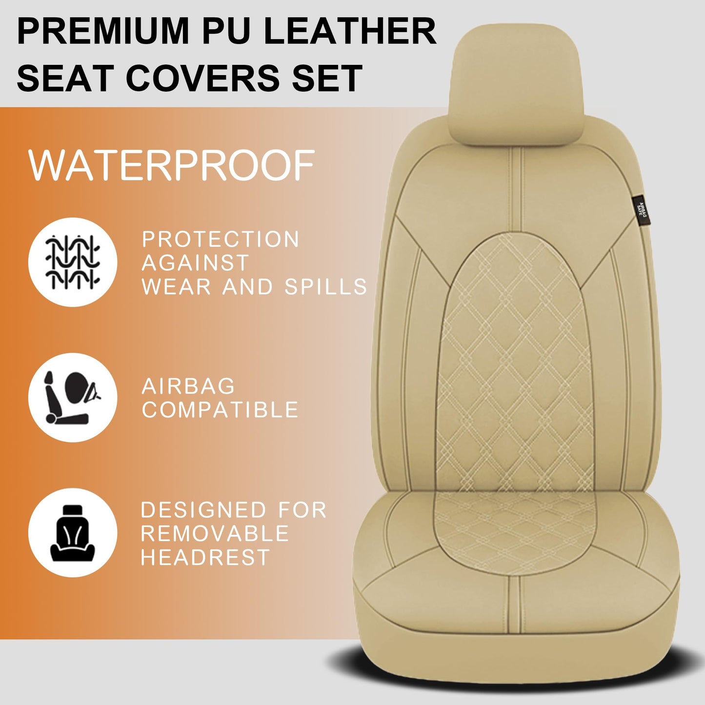 CAROMOP Luxury PU Leather Car Seat Covers Full Set-Waterproof Seat Protectors with Split Bench Seat Covers for Cars-Universal Cars Interior Covers for Sedans, SUVs, Pick-up Trucks(Beige/Beige Line)