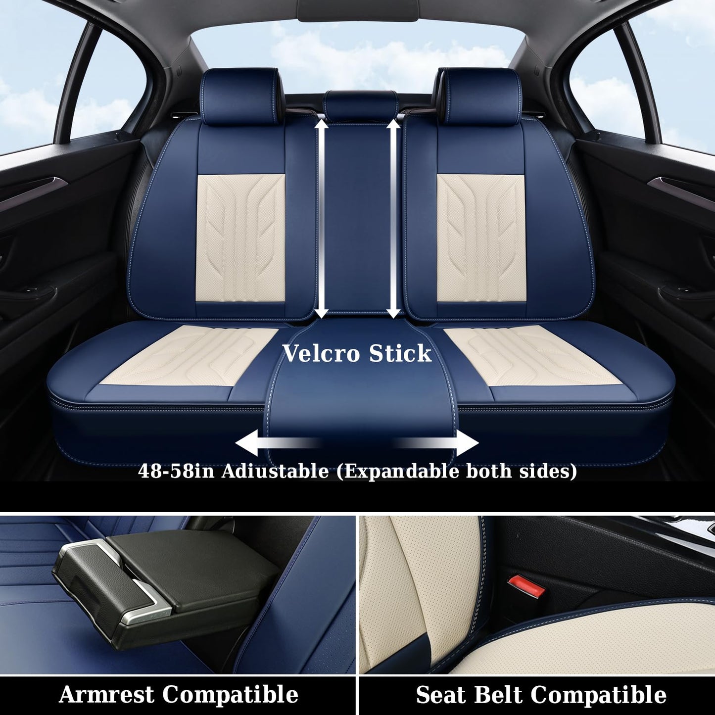 Coverado Car Seat Covers Full Set, Leather Seat Covers for Cars, Automotive Seat Covers Car Seat Protectors Car Accessories Universal Fit for Most Sedans SUV Pick-up Truck(Blue&Beige)