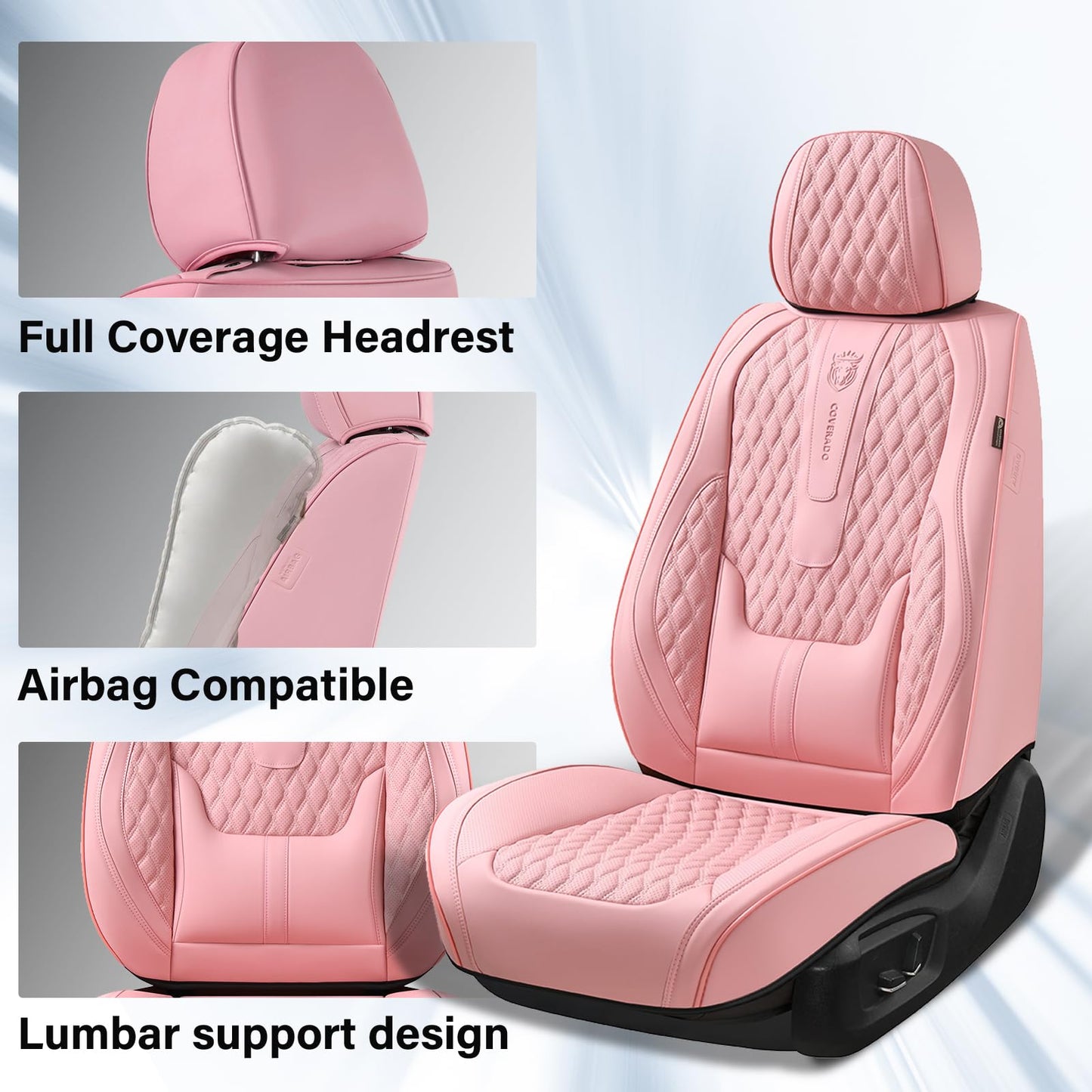 Coverado Seat Covers Full Set, Pink Car Seat Covers, Waterproof Car Seat Cover with Lumbar Support, Leather Car Seat Cushion Protector, Car Seat Covers Universal Fit Most Cars