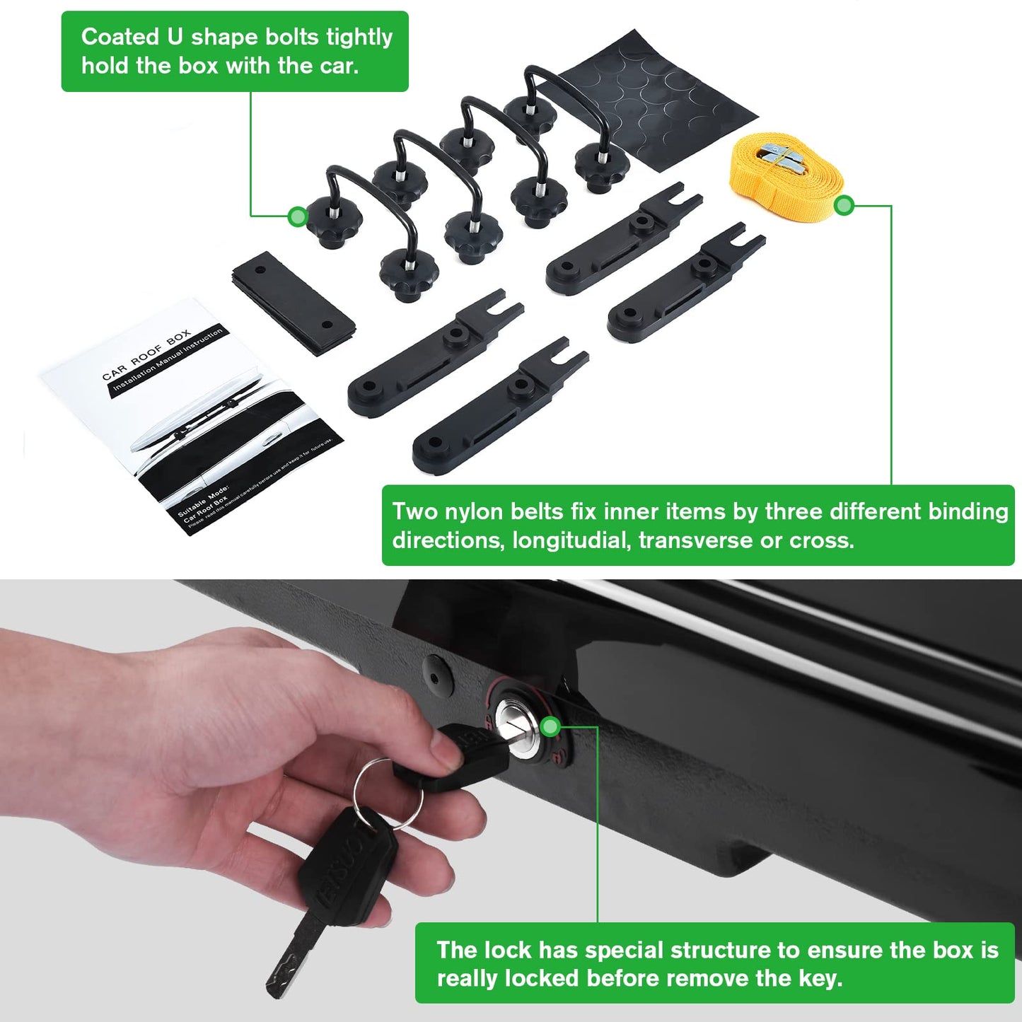 Rooftop Cargo Carrier Box, Large Hard Shell Roof with Security Keys, Waterproof Rooftop Cargo Box, 62 (L) x 31 (W) x 15(H) Inches, 14 Cubic Feet, Black (Tool-Free Install)