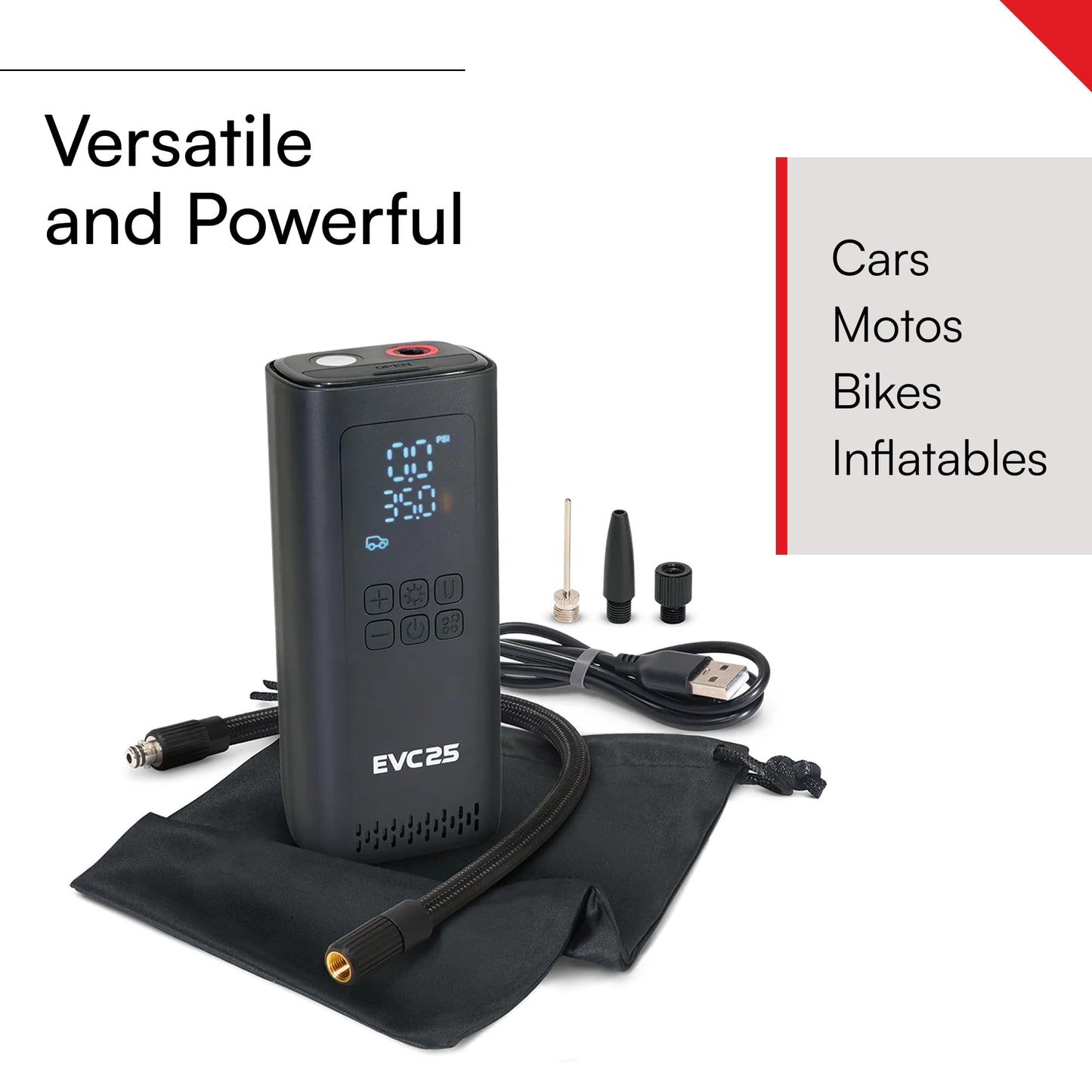 Viair Every Vehicle Carry EVC25 - rechargeable, portable compressor - LED gauge w/preset - Tire Inflator ideal for compact & mid-size cars, LT trucks, E-bikes, motorcycles & Inflatables