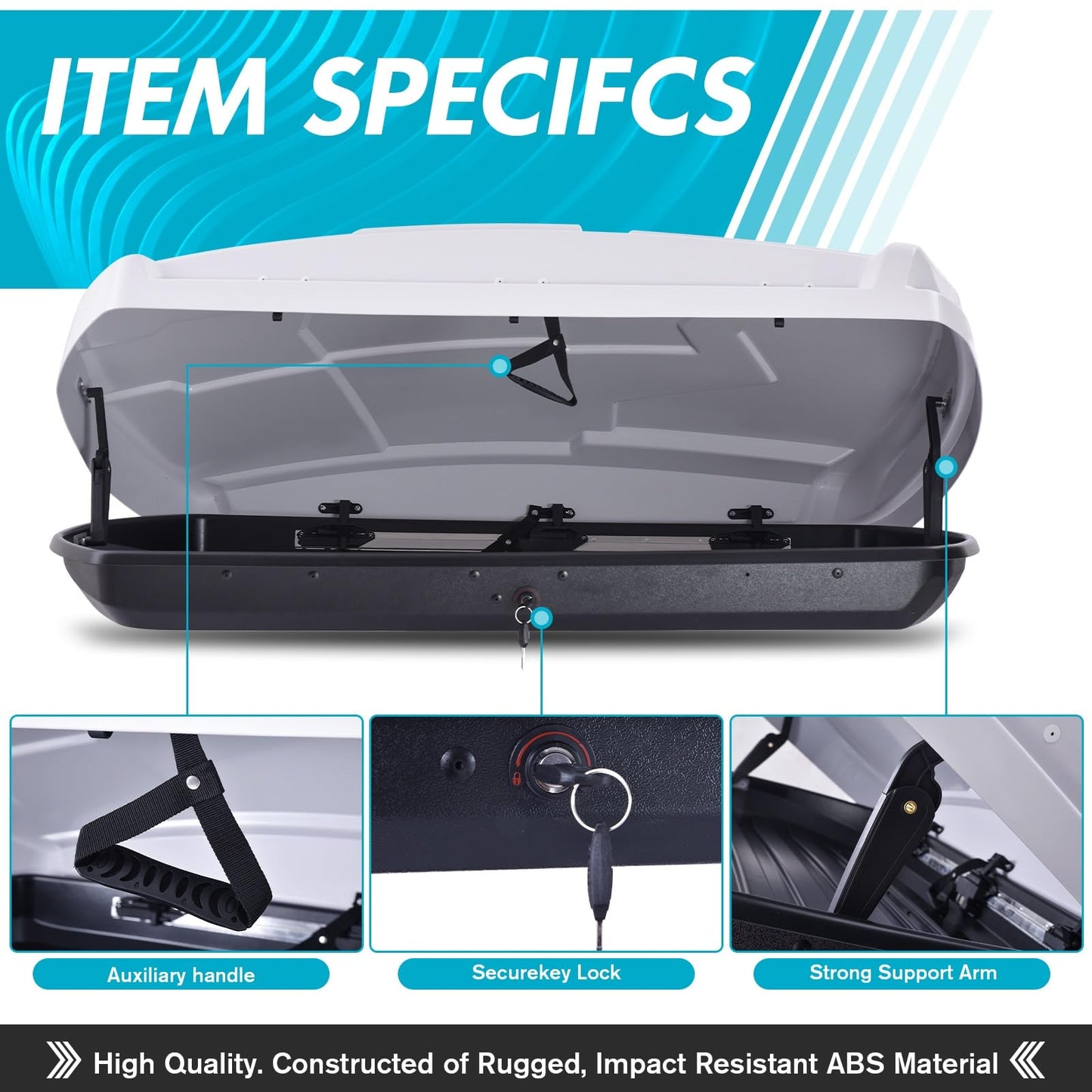 Runave Rooftop Cargo Carrier Hard Shell, Both Side Openning Cargo Box with Security Lock, 15.5 Cubic Feet Capacity, Vehicle Roof Carriers for Storagee - White 58.3x35.4x13 inches