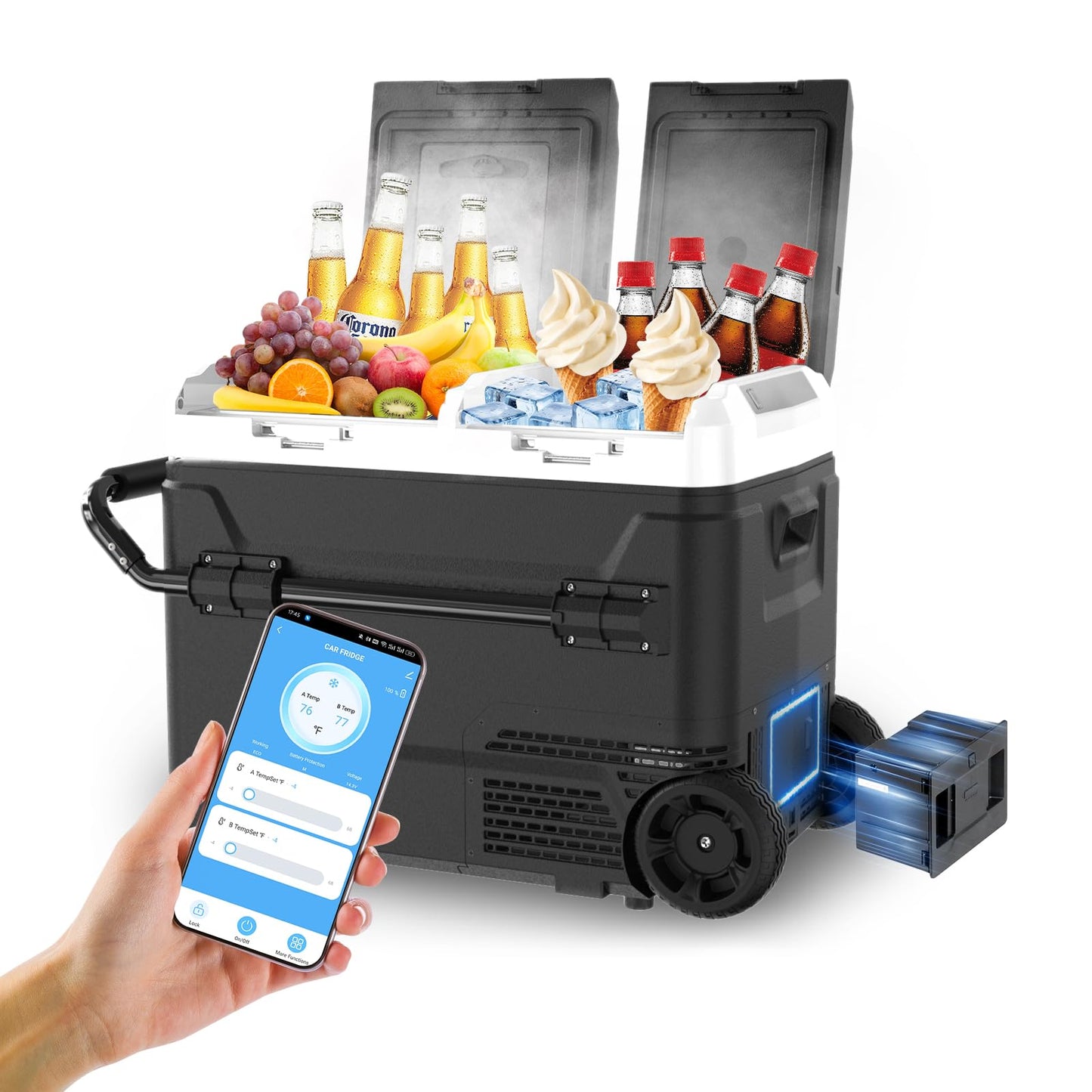 Electric Cooler with Battery 12V 52 Quart(50L) Car Refrigerator Dual Zone Dual Door Freezer Fridge with Wheels 12/24V DC & 100-240V AC Portable Fridge for Camping Truck Boat RV Camper SUV Travel