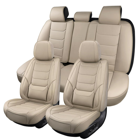 hoozoom Leather Car Seat Covers Full Set Breathable Automotive Seat Covers Waterproof Seat Protectors Universal Fit for Most Automotive Cars SUV Trucks(Beige, Full Set)
