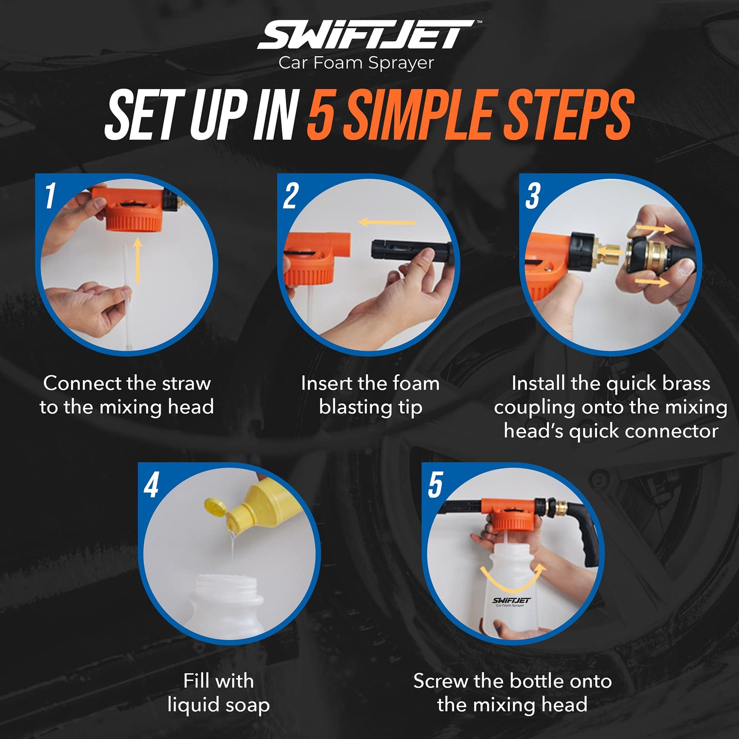 SwiftJet Car Wash Foam Gun + Microfiber Wash Mitt - Car Foam Sprayer - Car Wash Kit - Foam Cannon Garden Hose Sprayer - - Car Accessories for Men - Snow Foam Blaster (Orange Foam Gun with Mitt)