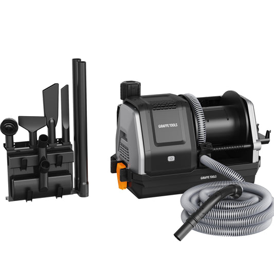 Giraffe Tools Grandstorm Retractable Vacuum Cleaner with 30 FT Hose Wall Mounted, Wet Dry Vacuum Cleaner with 6 Nozzles for Car Detailing Normal Version, Grey （No Remote Control Function）