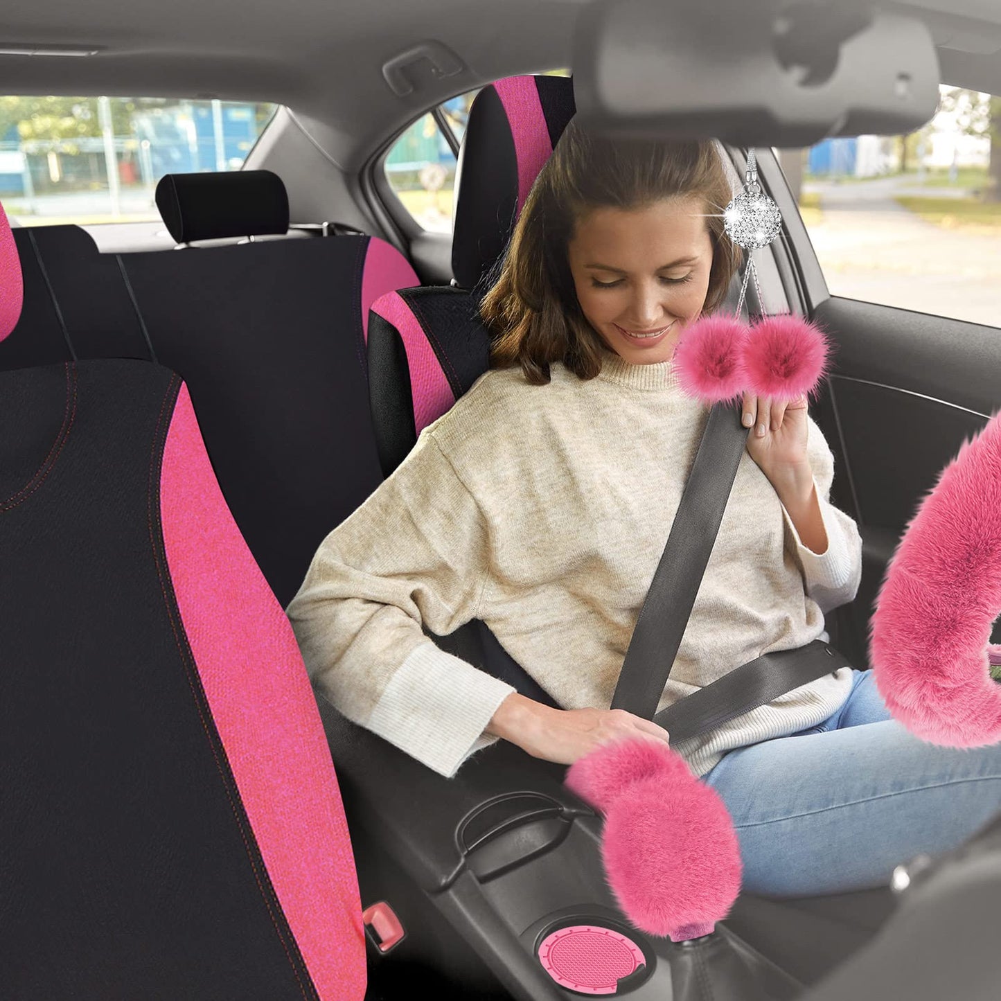 Fulmoon 17 Pcs Car Seat Cover Full Set for Women Universal Fit Car Front Rear Fluffy Steering Wheel Fleece Handbrake Shift Covers Hanging Accessory Holder Ring Emblem(Pink Black)