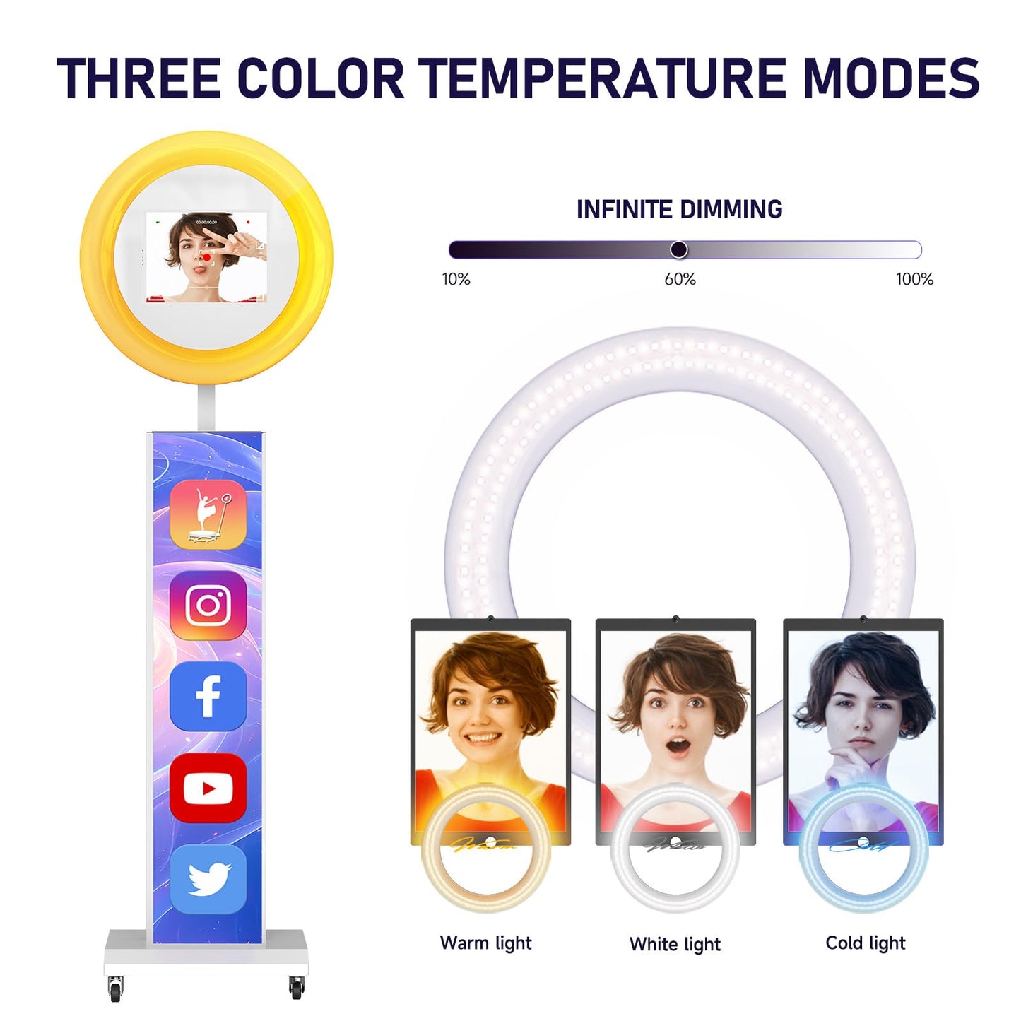 MWE Portable Photo Booth Machine Stand Compatible with Any Ipad with Software APP and Remote Control, RGB Ring Lights Music Sync, Free Custom Logo,ChackTok VIP (White, Light Box-Honeycomb Case)