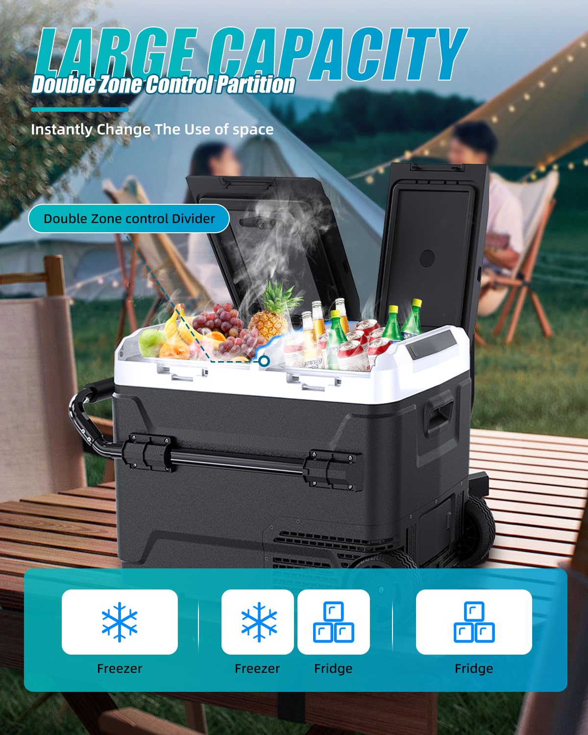 Electric Cooler with Battery 12V 52 Quart(50L) Car Refrigerator Dual Zone Dual Door Freezer Fridge with Wheels 12/24V DC & 100-240V AC Portable Fridge for Camping Truck Boat RV Camper SUV Travel