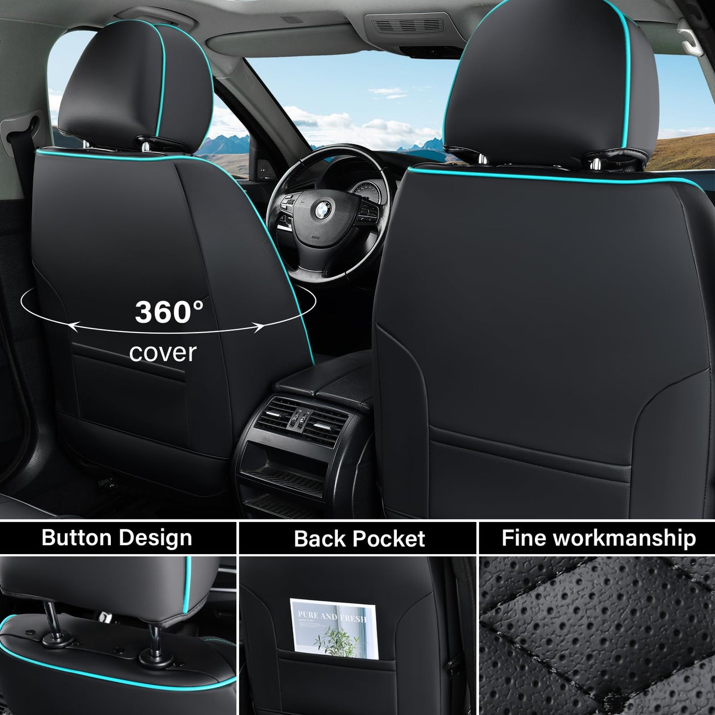 Coverado Leather Seat Covers, Car Seat Covers Full Set, Nappa Leather Seat Covers for Cars, Car Seat Protector Waterproof, Black Car Seat Cover, Universal Seat Cover Fit for Most Cars(Black&Blue)