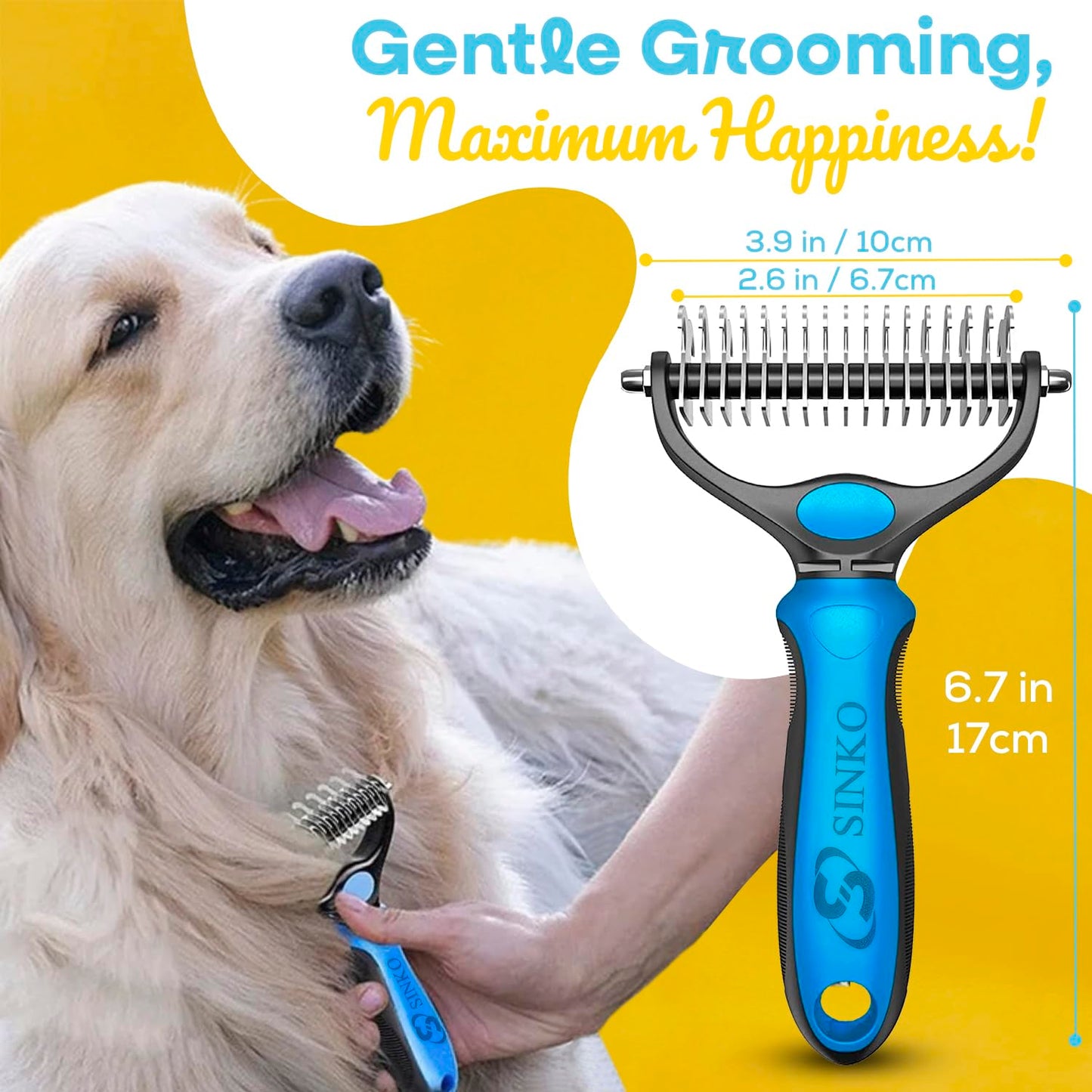 Sinko Undercoat Rake for Dogs & Cats, Dematting Comb with Extra Wide Double-Sided Stainless Teeth for Detangling, Deshedding, Brushing & Removing Shed Fur, Knots, Mats, and Tangles in Pets (Blue)