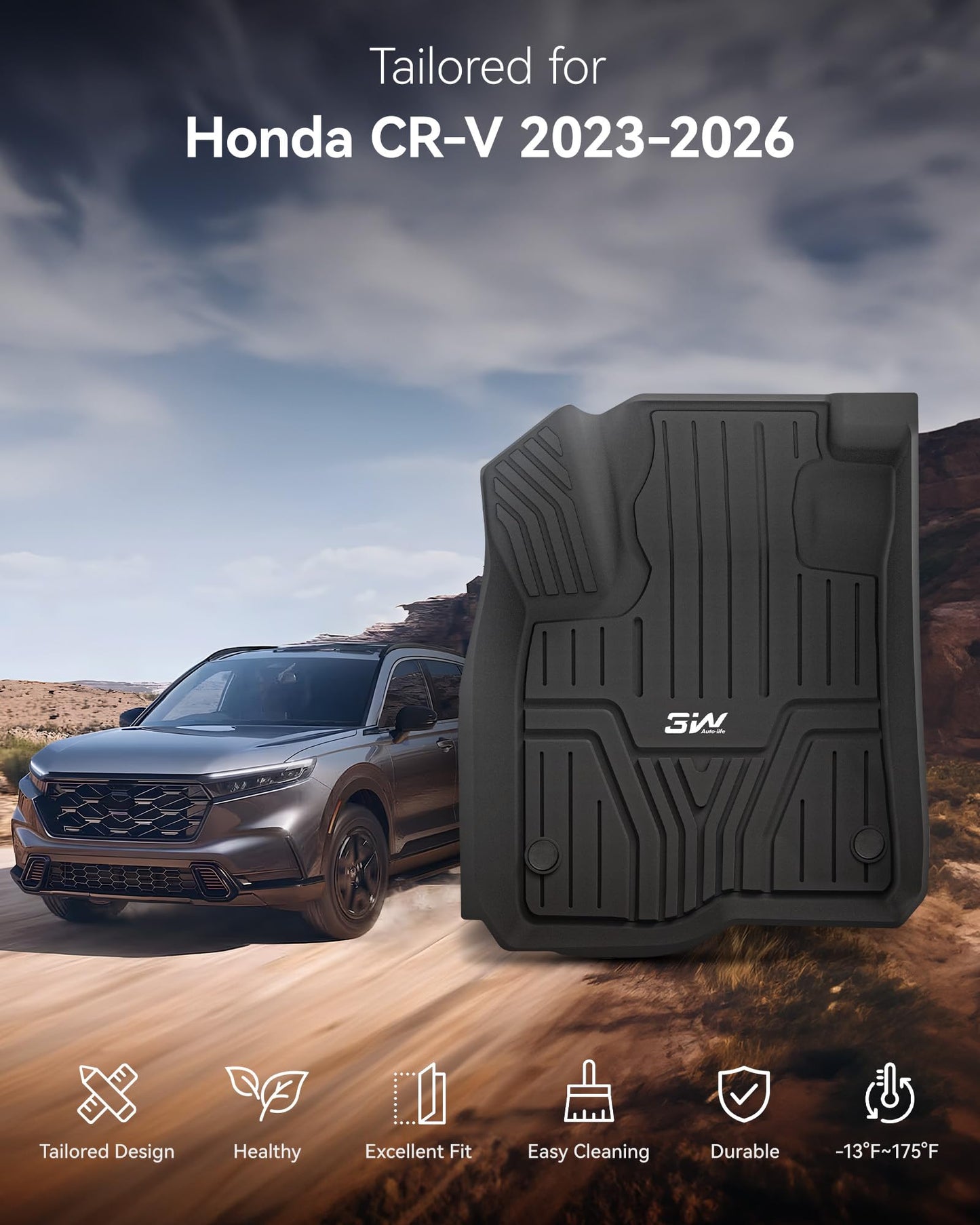 3W Floor Mats & Cargo Liner Fit for Honda CR-V 2023 2024 2025 2026 (Include Hybrid), All Weather TPE Custom Fit Honda CRV Floor Liner 1st, 2nd Row and Trunk (Upper Positon) Full Set Car Mats Black